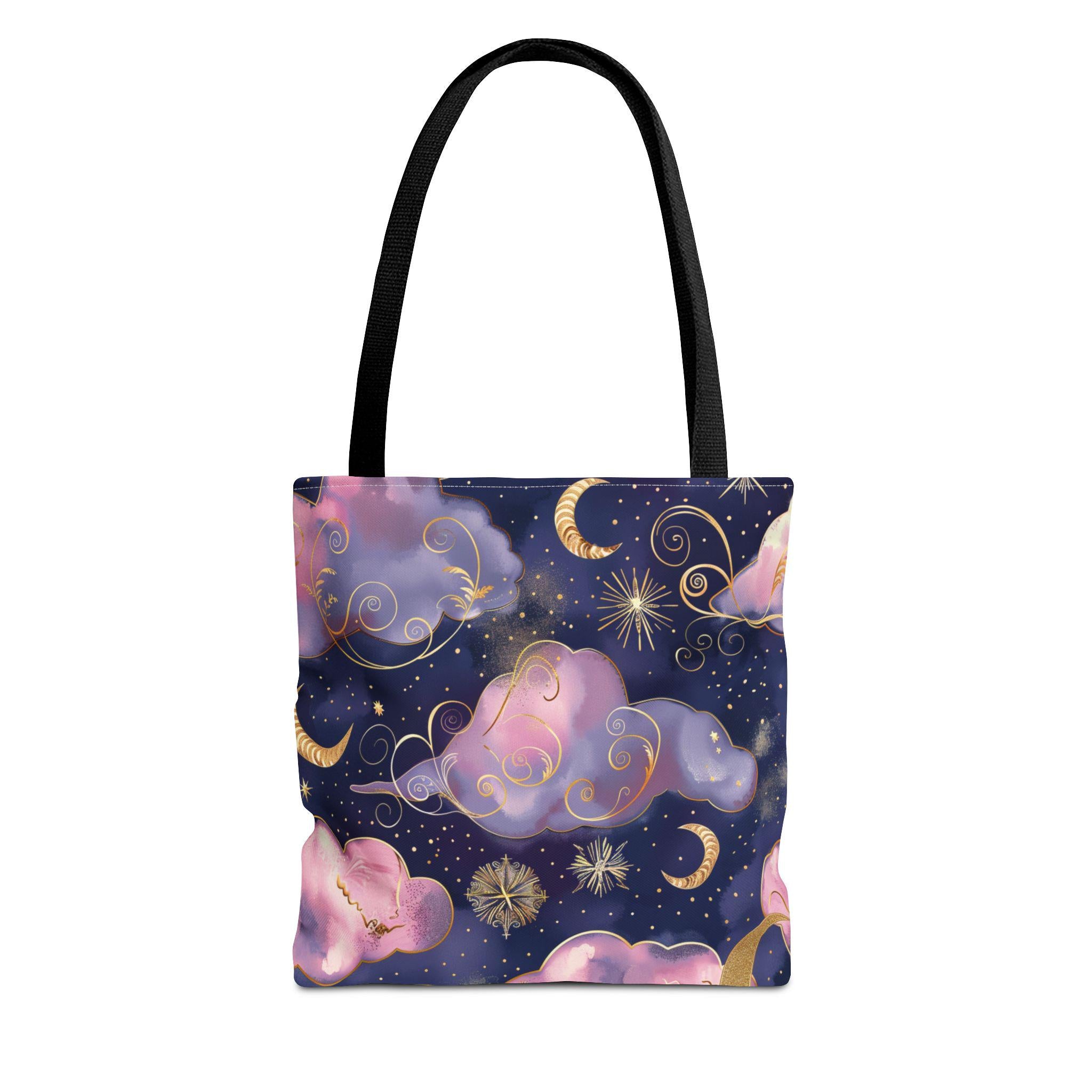 Pink Purple Dream Clouds Tote Bag | Moon Stars Celestial Pattern