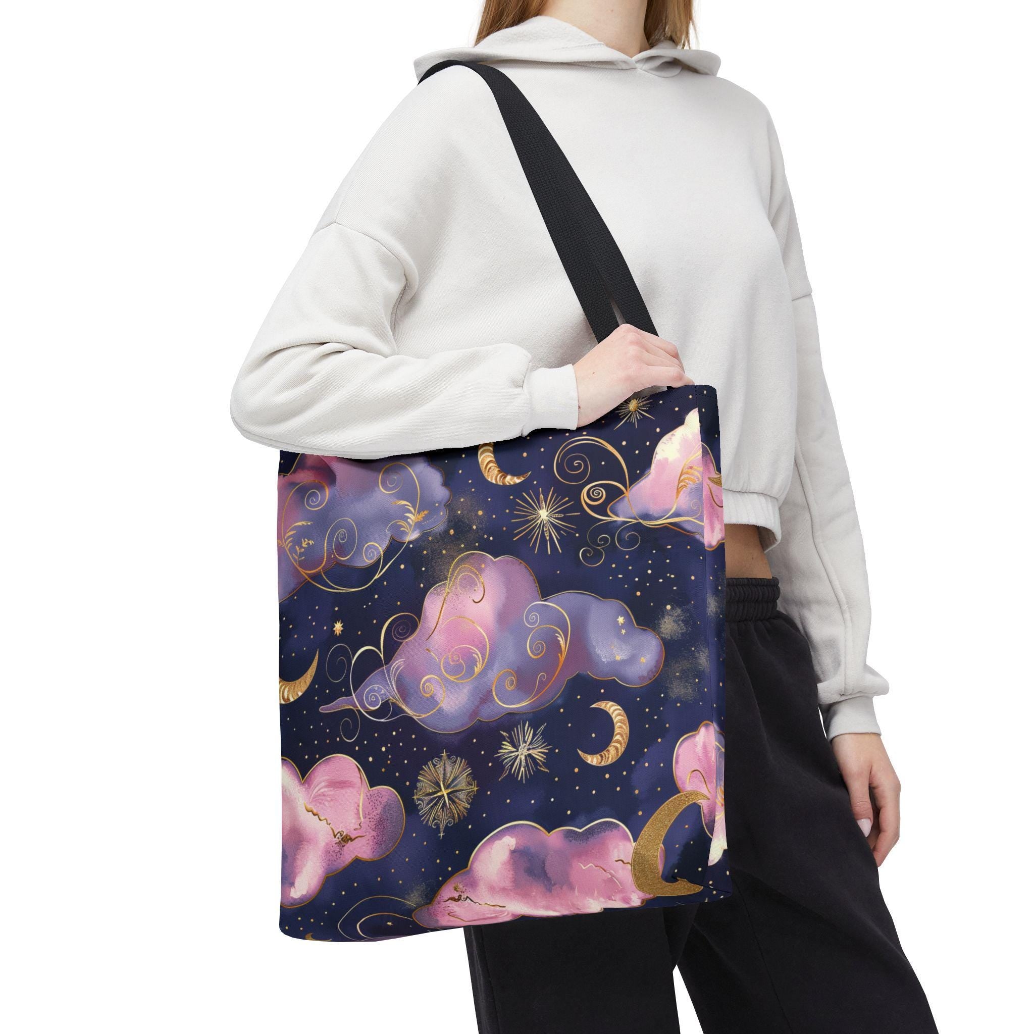Pink Purple Dream Clouds Tote Bag | Moon Stars Celestial Pattern