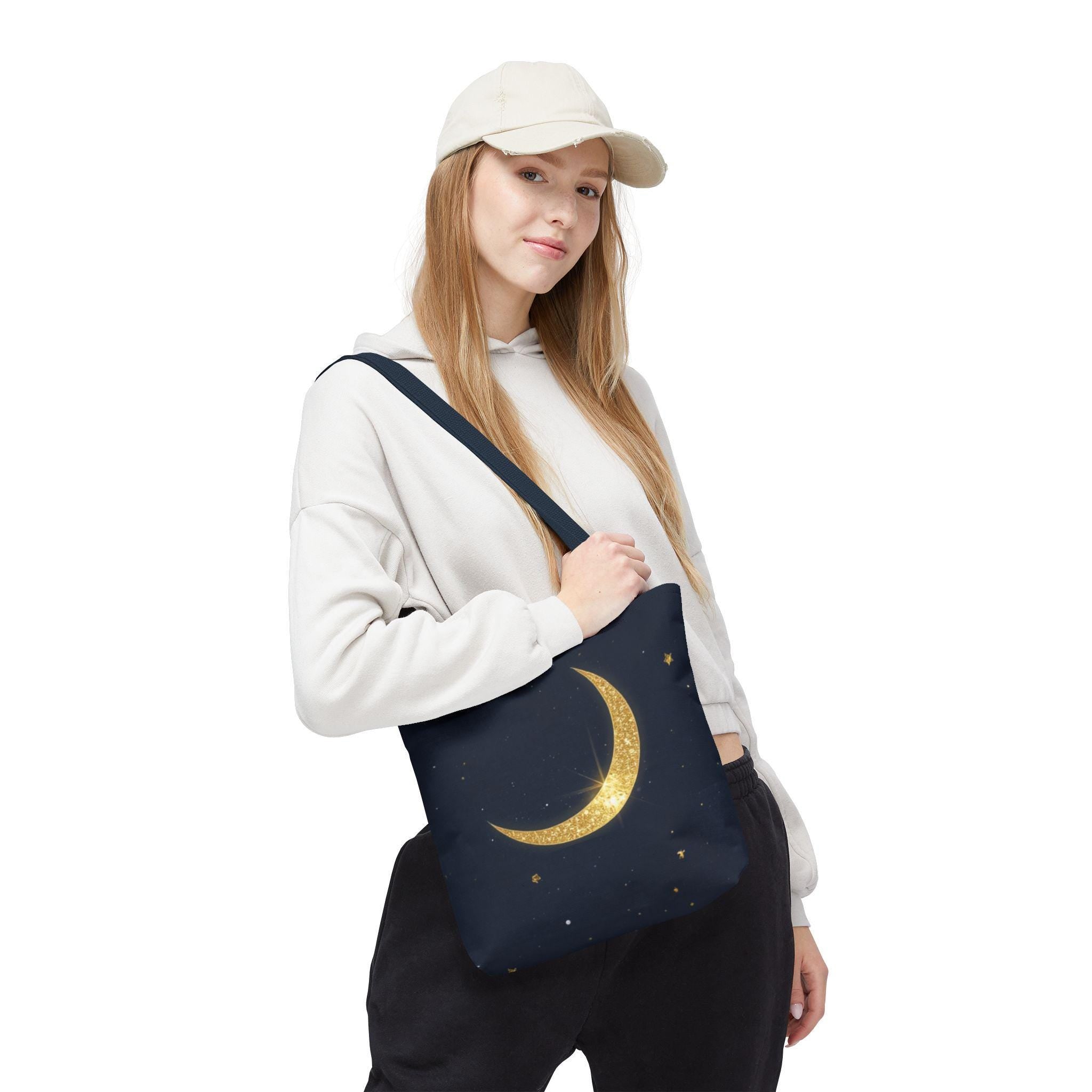 Golden Crescent Moon celestial night sky stars Tote Bag