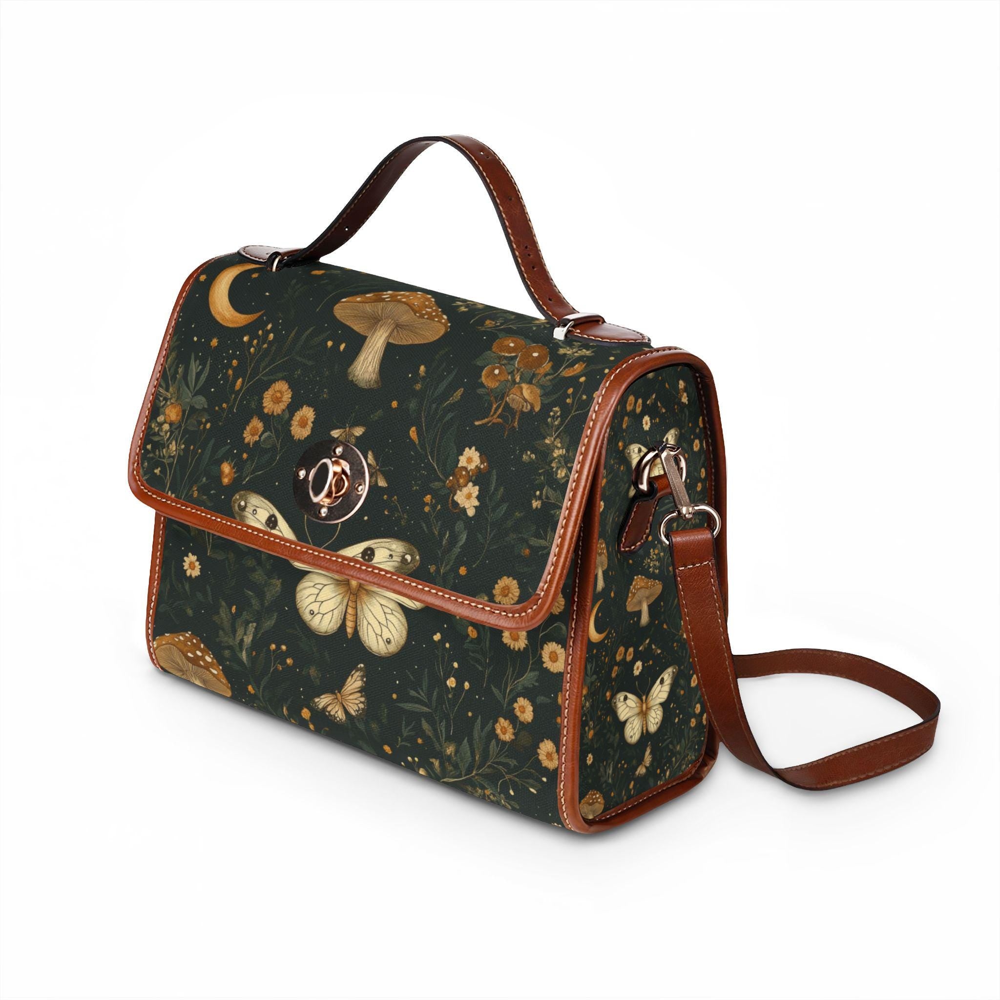 Vintage Moth Mushroom Floral Waterproof Canvas Bag | Dark Botanical Print