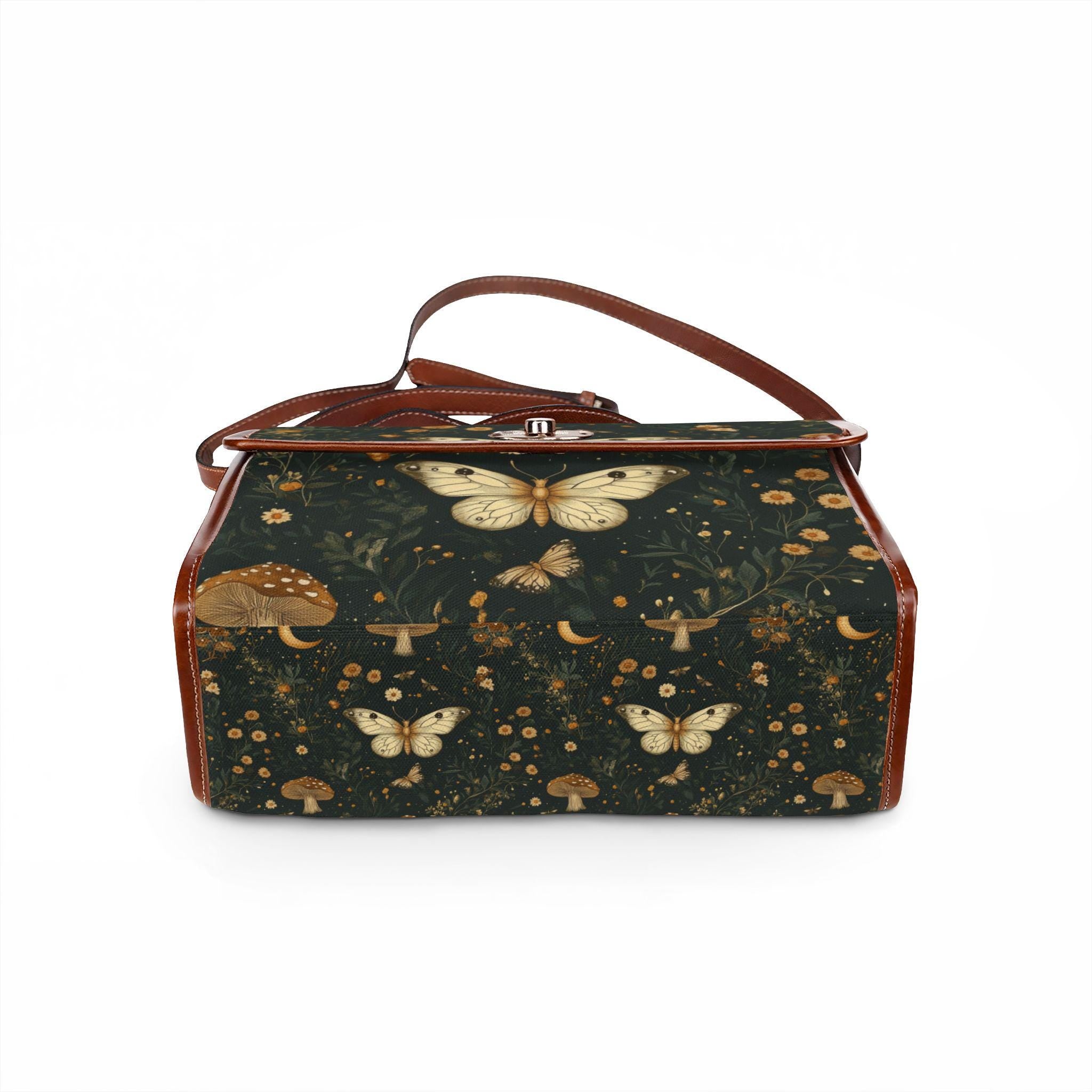 Vintage Moth Mushroom Floral Waterproof Canvas Bag | Dark Botanical Print