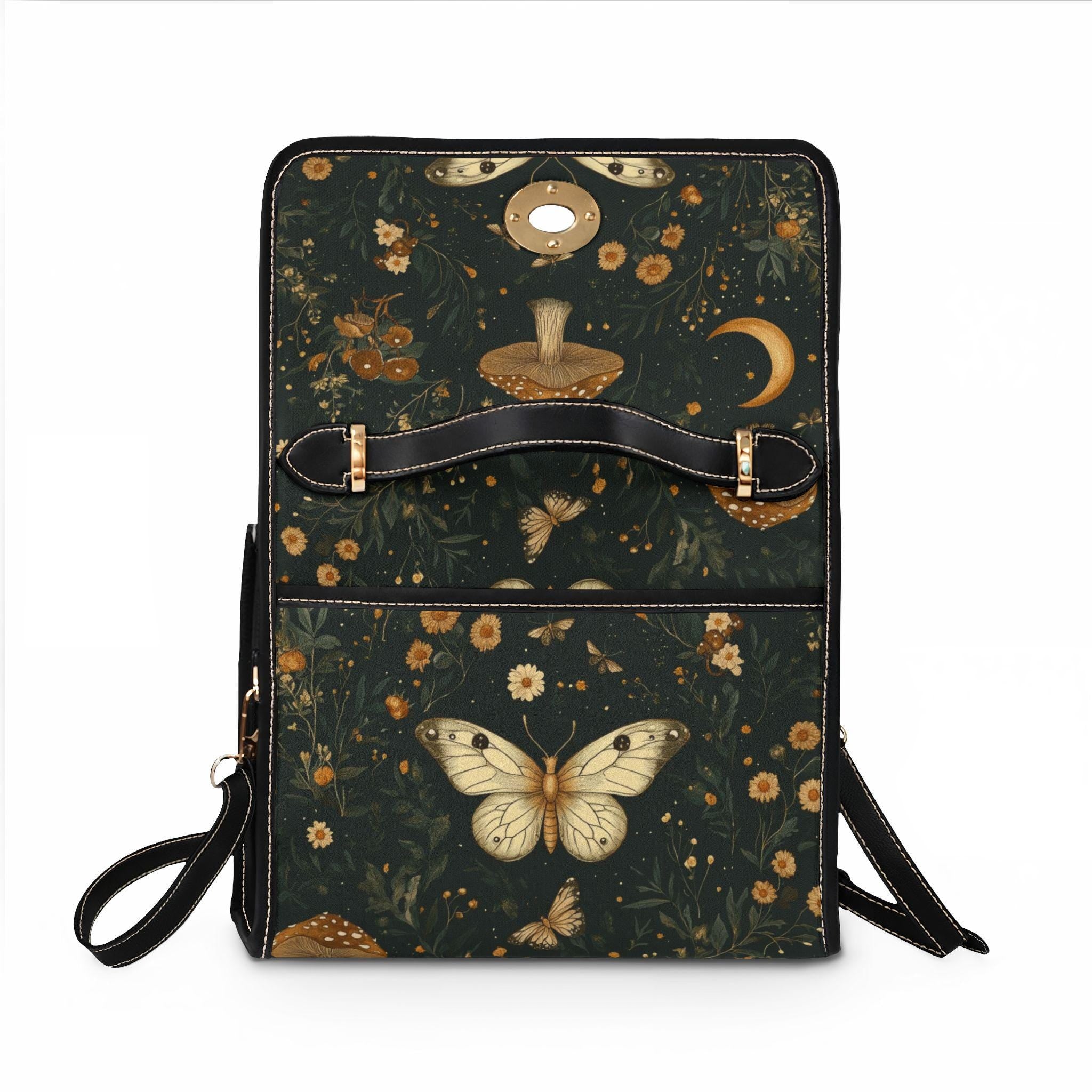 Vintage Moth Mushroom Floral Waterproof Canvas Bag | Dark Botanical Print