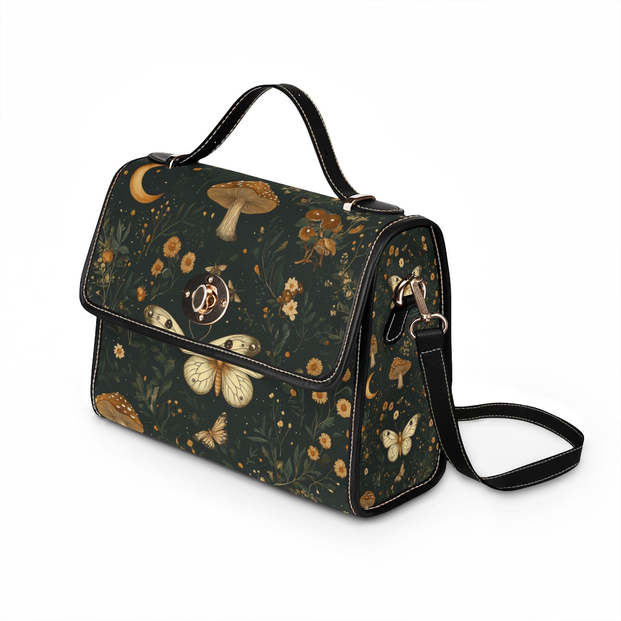 Vintage Moth Mushroom Floral Waterproof Canvas Bag | Dark Botanical Print