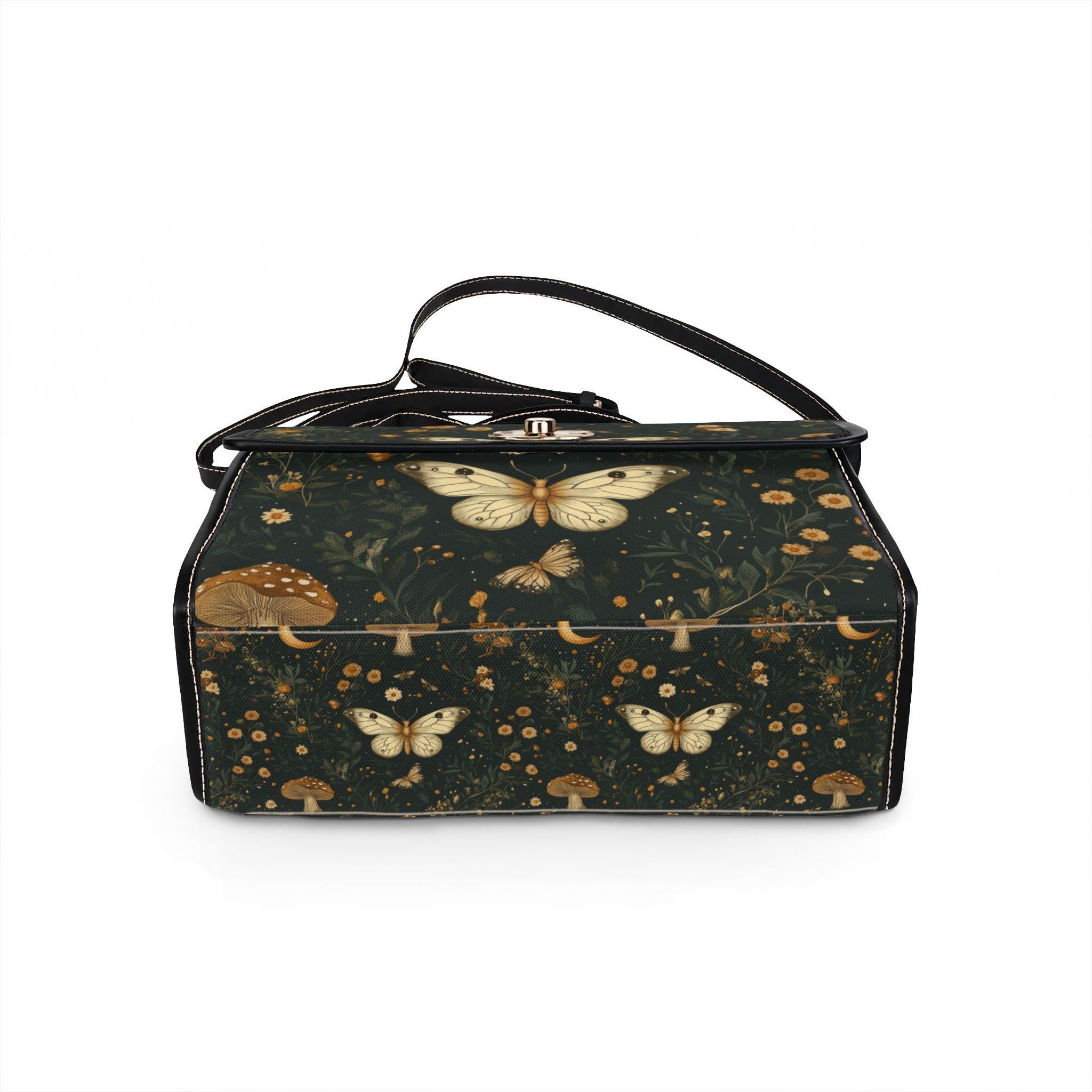 Vintage Moth Mushroom Floral Waterproof Canvas Bag | Dark Botanical Print