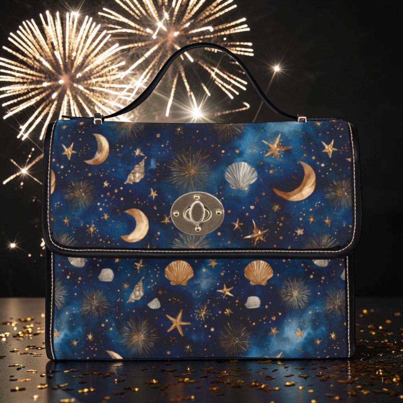 Celestial Seashell Waterproof Canvas Bag | Boho Moon Star Crossbody | Beach Bag Gift for Her
