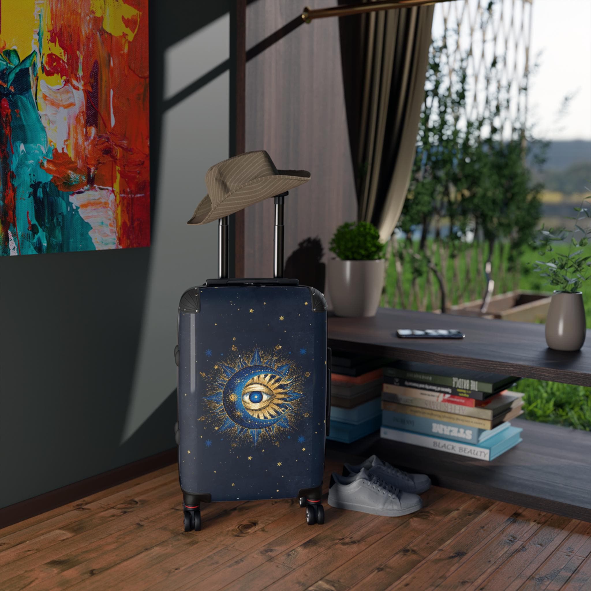 Celestial Sun and Moon Eye Suitcase | Mystical Travel Luggage, Starry Night Print