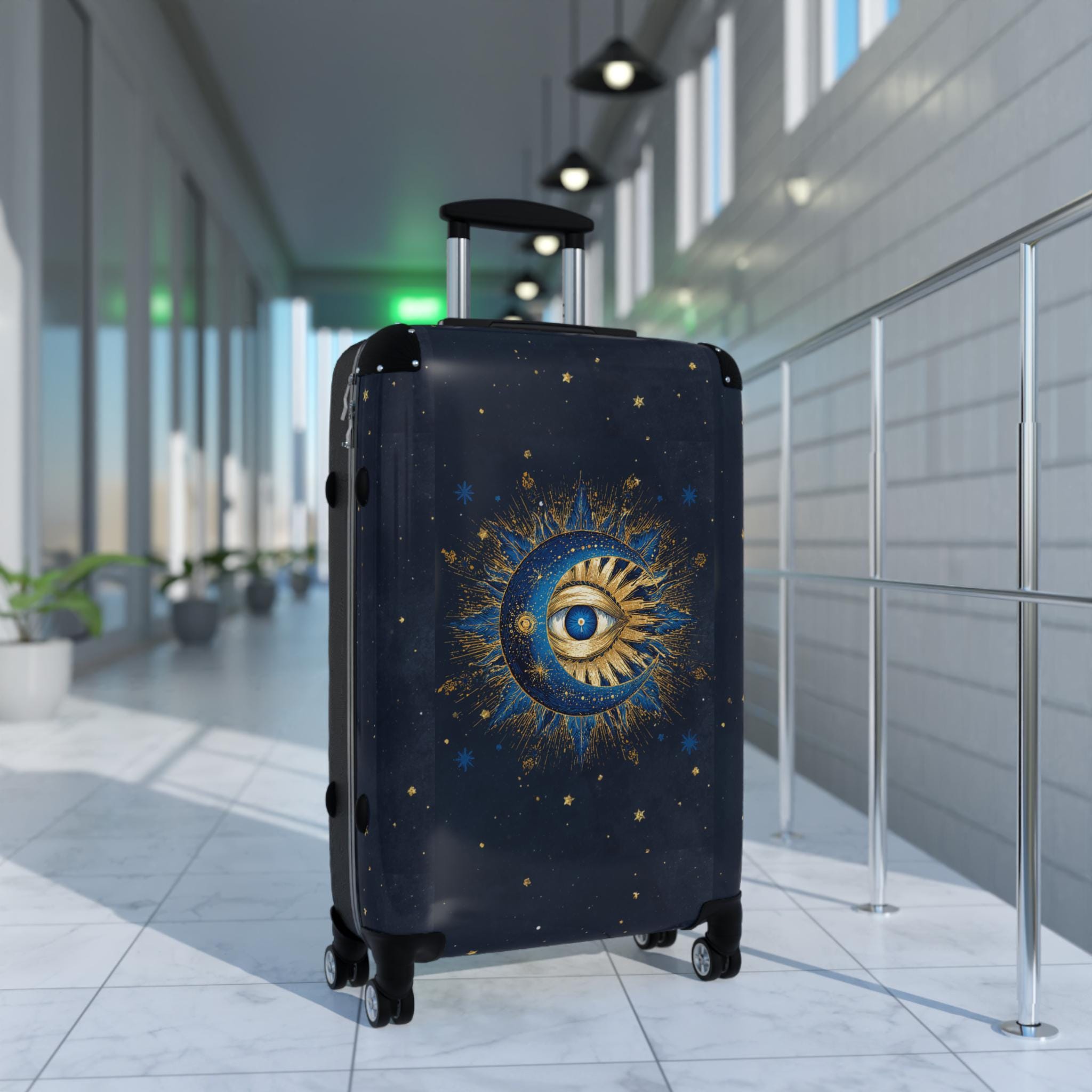 Celestial Sun and Moon Eye Suitcase | Mystical Travel Luggage, Starry Night Print