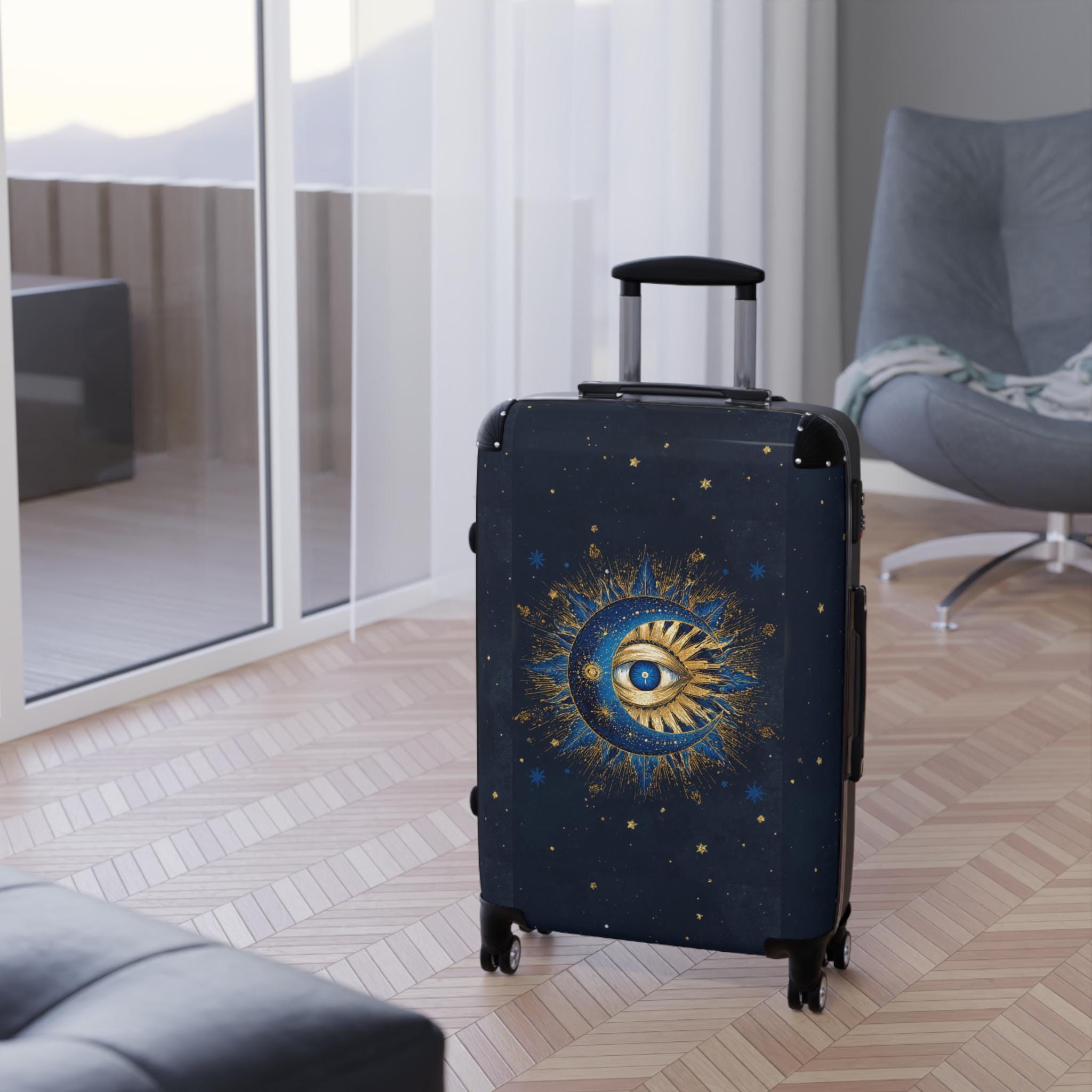 Celestial Sun and Moon Eye Suitcase | Mystical Travel Luggage, Starry Night Print