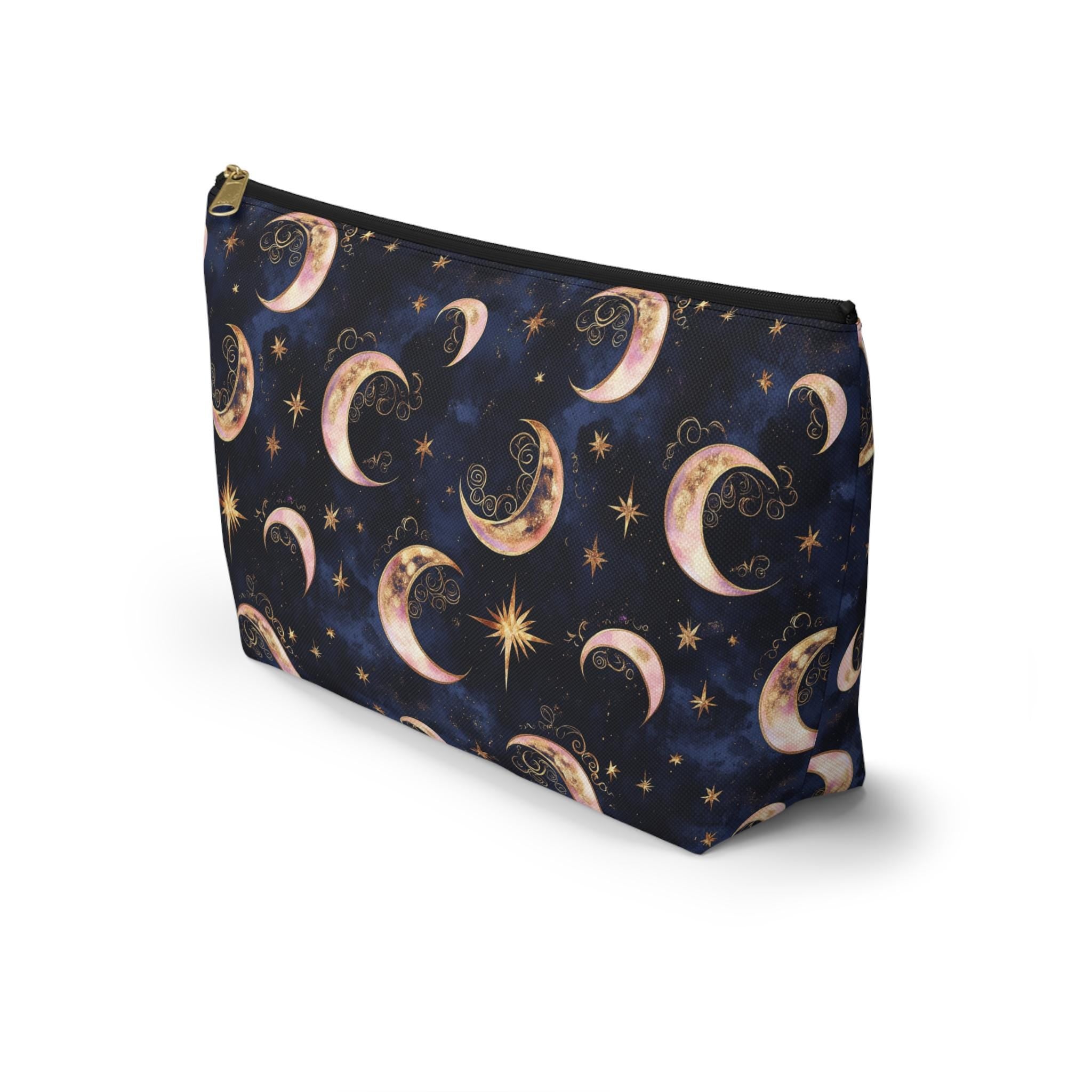 Moon Phase Pattern Accessory Pouch | Crescent Moon Stars Cosmetic Bag