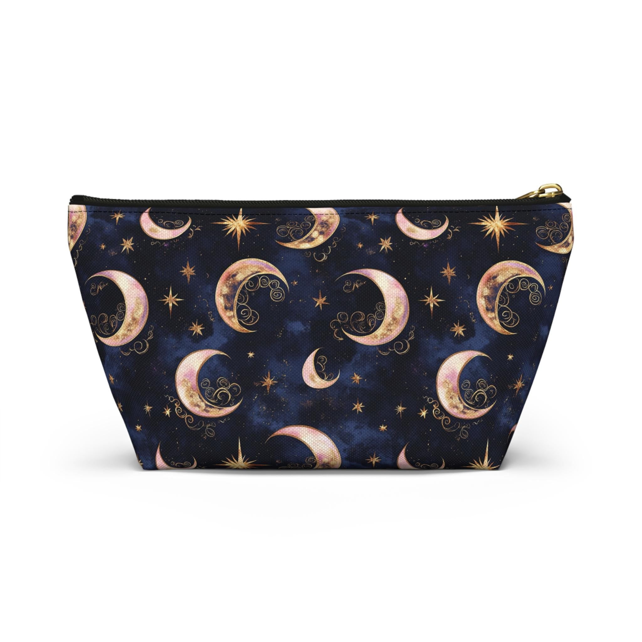 Moon Phase Pattern Accessory Pouch | Crescent Moon Stars Cosmetic Bag