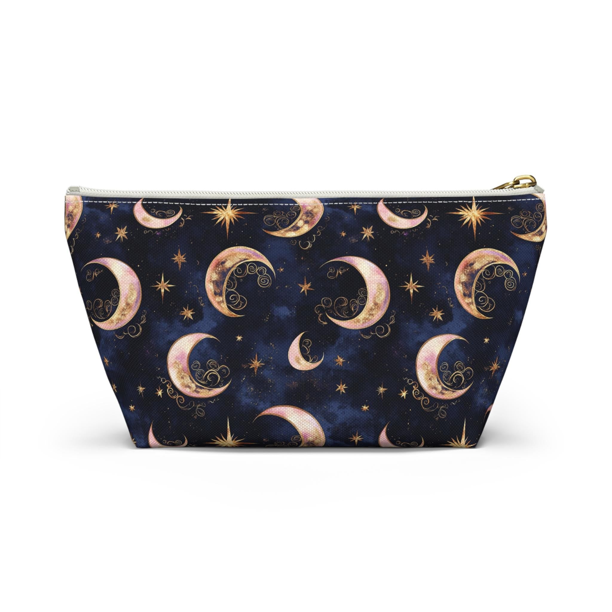 Moon Phase Pattern Accessory Pouch | Crescent Moon Stars Cosmetic Bag