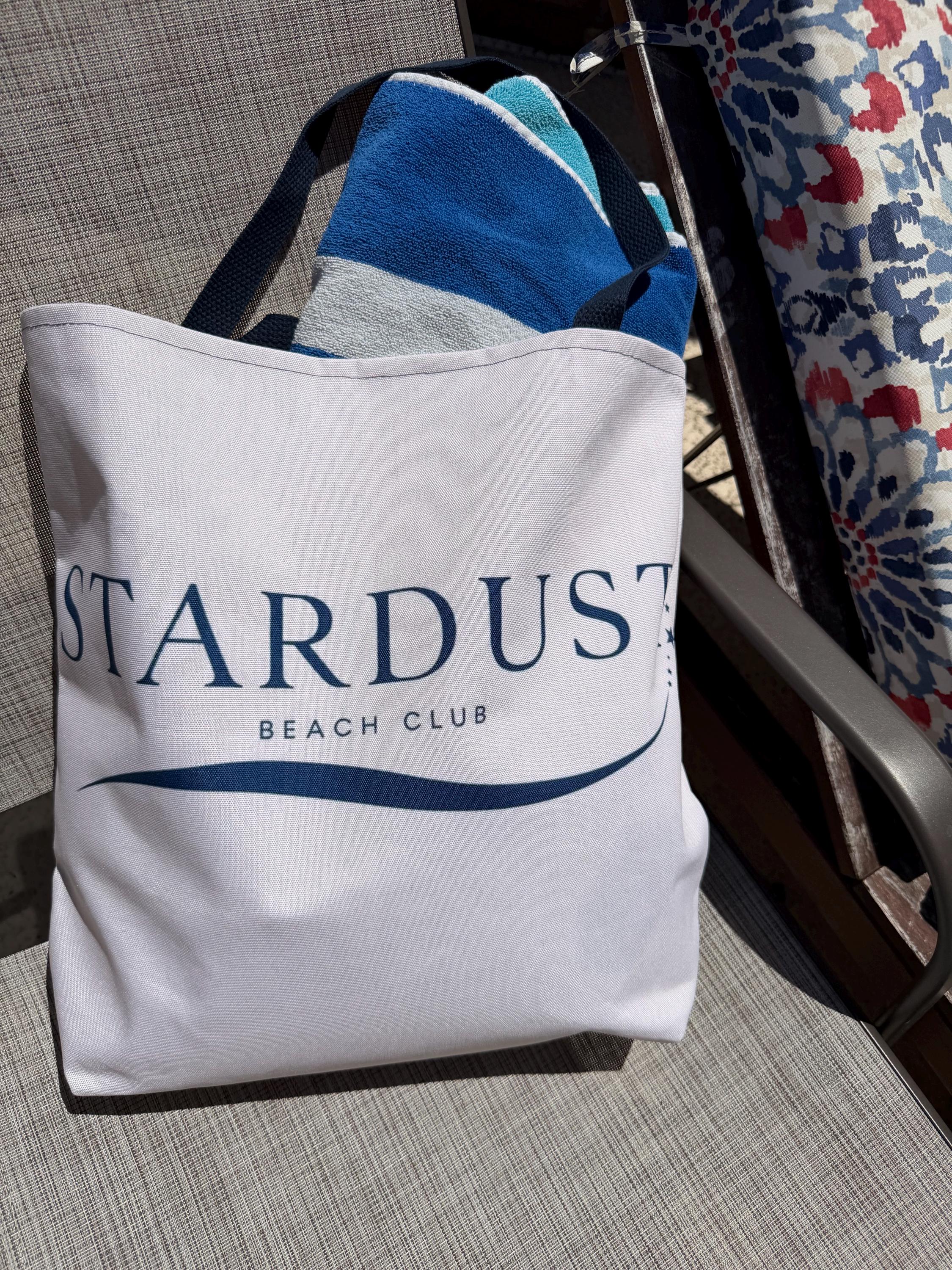 Stardust Beach Club Tote, Canvas Beach Bag, Navy Handles, Minimalist Coastal Style
