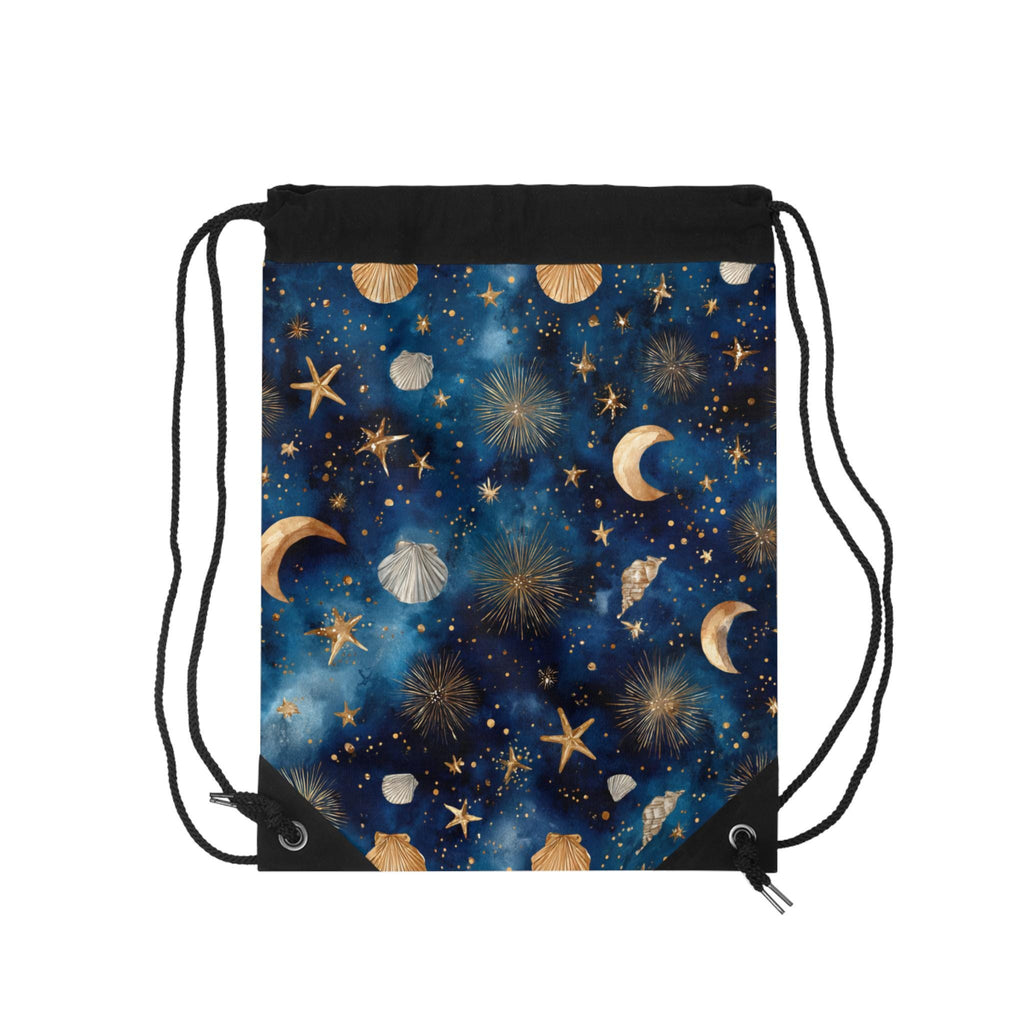 Golden Seashells Moonstars Drawstring Bag | Blue Galaxy Beach Pattern