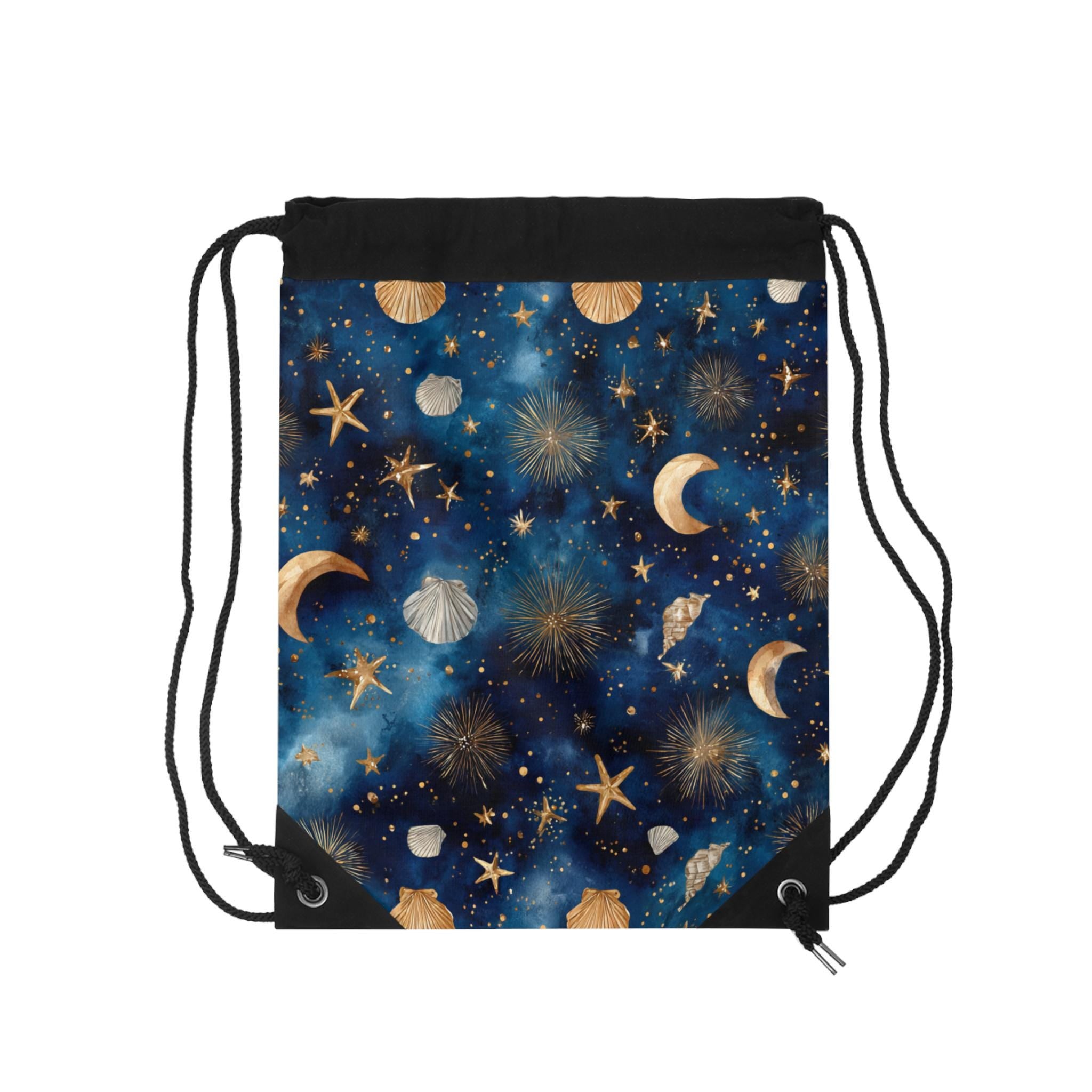 Golden Seashells Moonstars Drawstring Bag | Blue Galaxy Beach Pattern