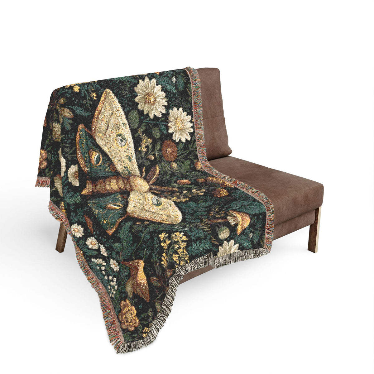 Vintage Moth Tapestry Woven Blanket | Floral Mushroom Boho Throw