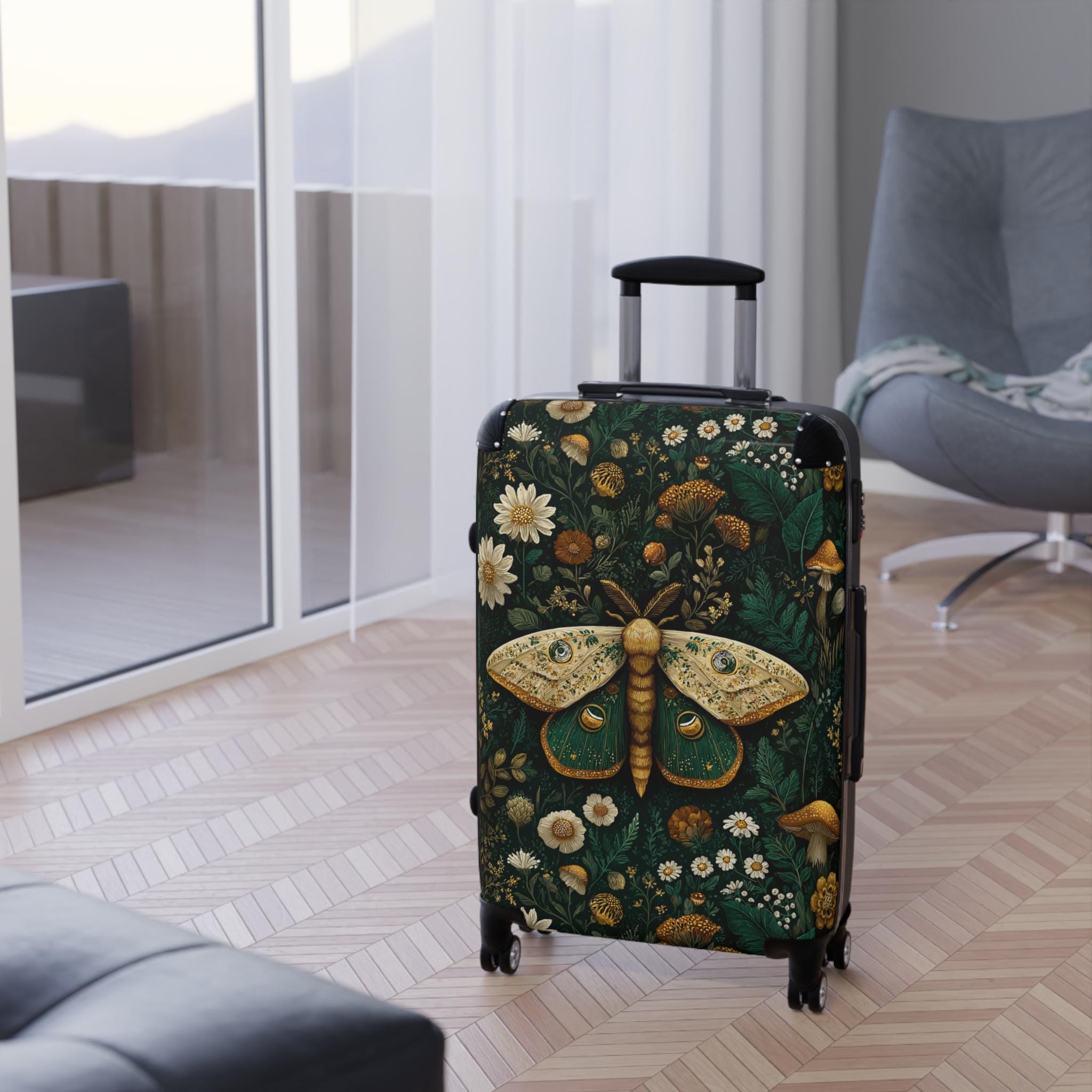 Moth and Wildflowers Suitcase | Botanical Travel Luggage Cover