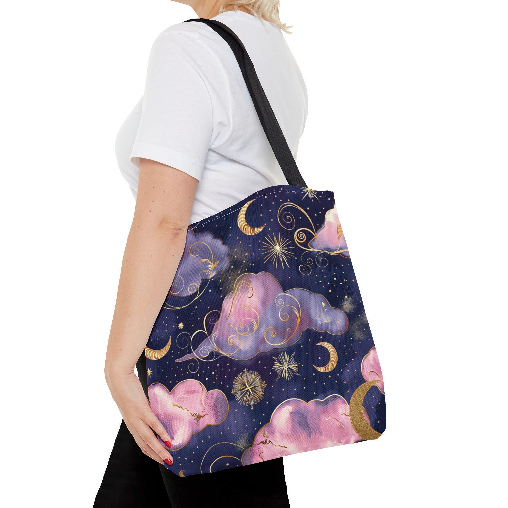 Pink Purple Dream Clouds Tote Bag | Moon Stars Celestial Pattern