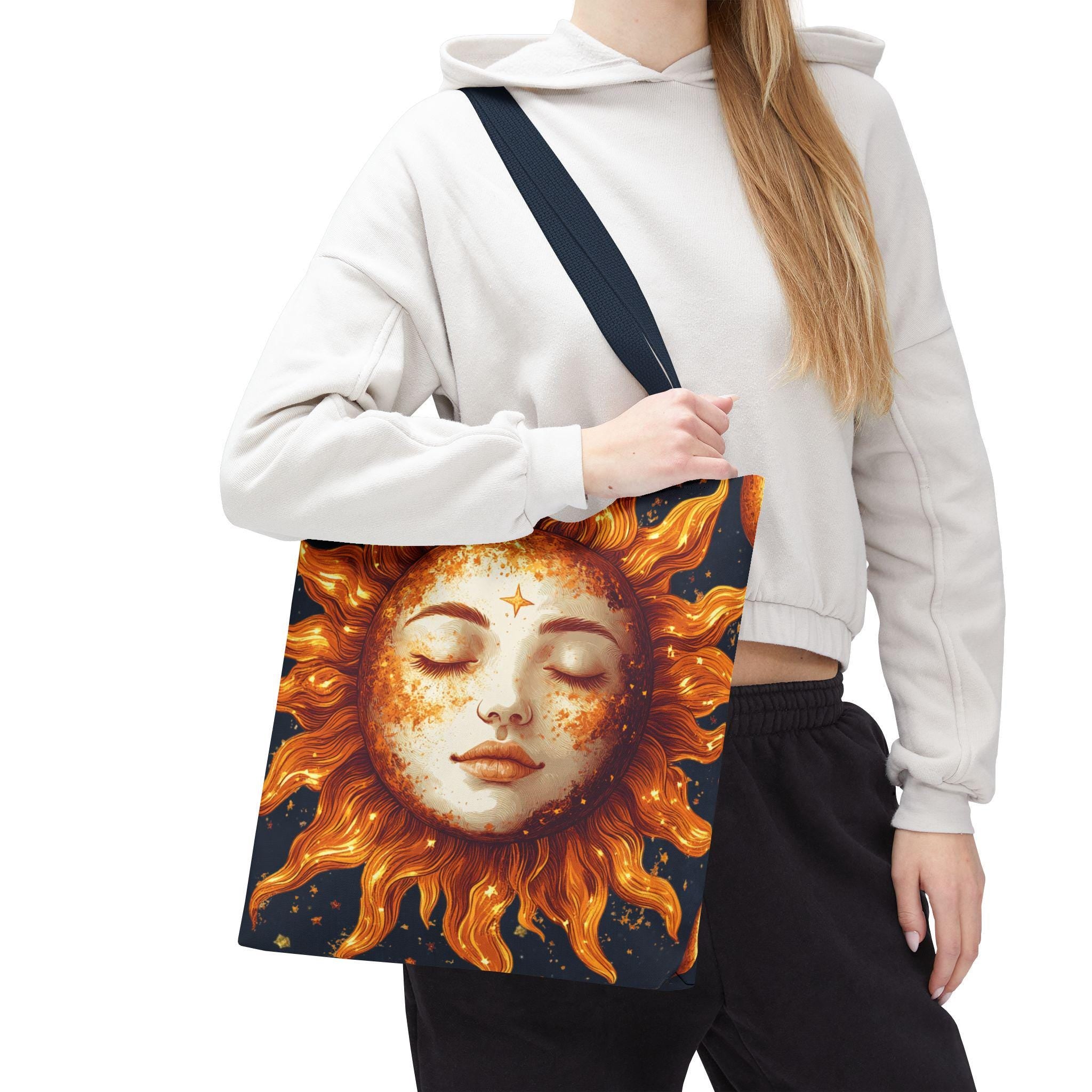 Celestial Sun Face Tote Bag | Sun Moon Stars Astrology Print