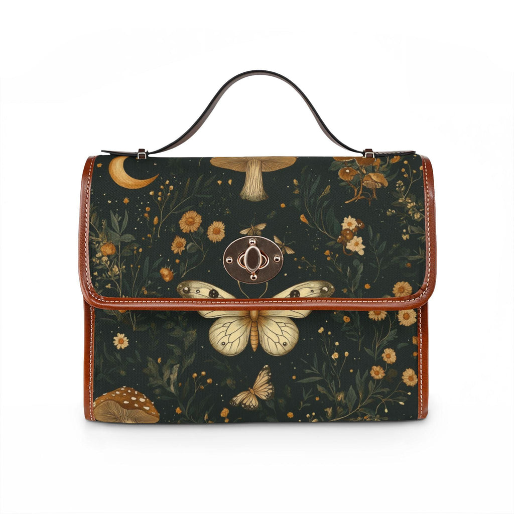 Vintage Moth Mushroom Floral Waterproof Canvas Bag | Dark Botanical Print