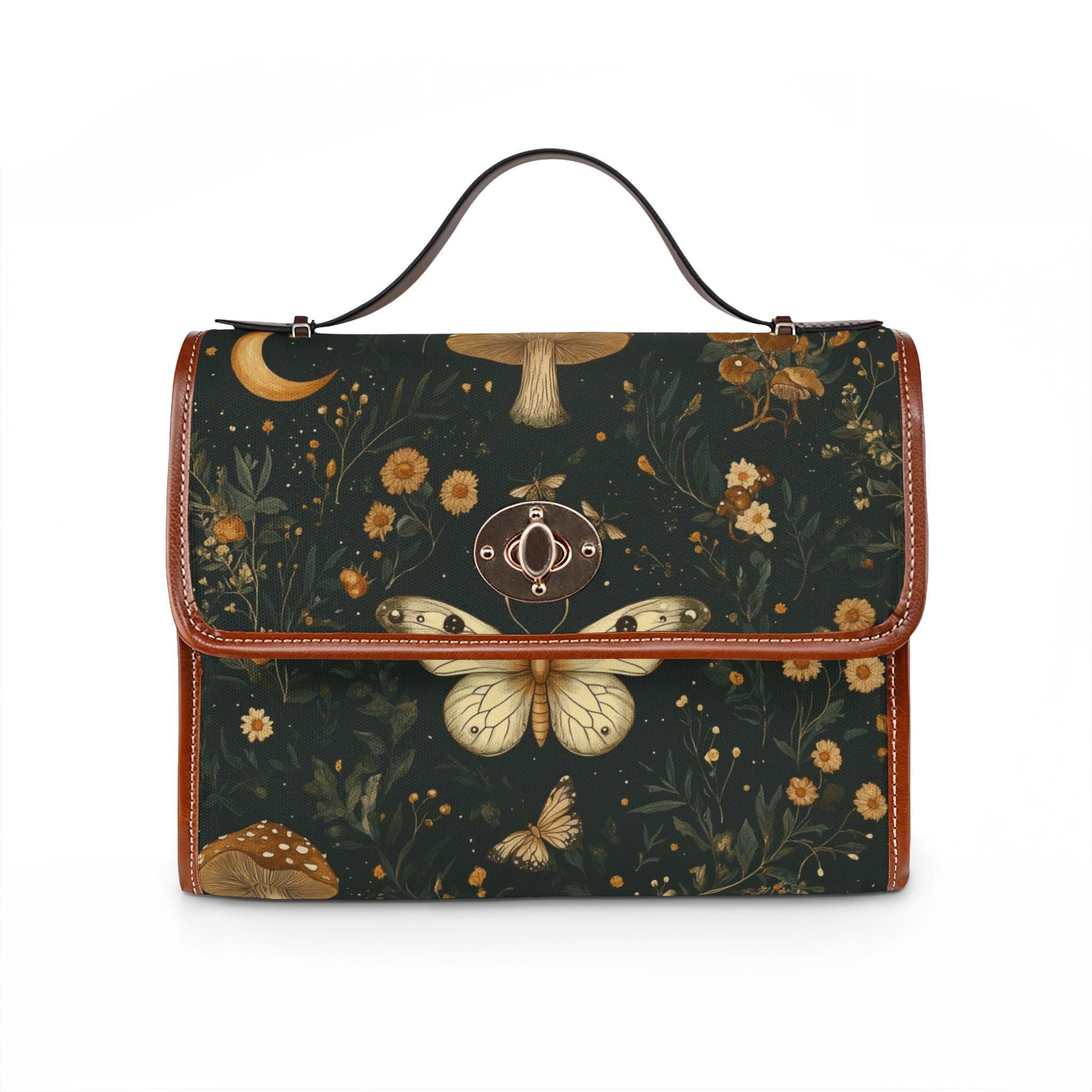 Vintage Moth Mushroom Floral Waterproof Canvas Bag | Dark Botanical Print