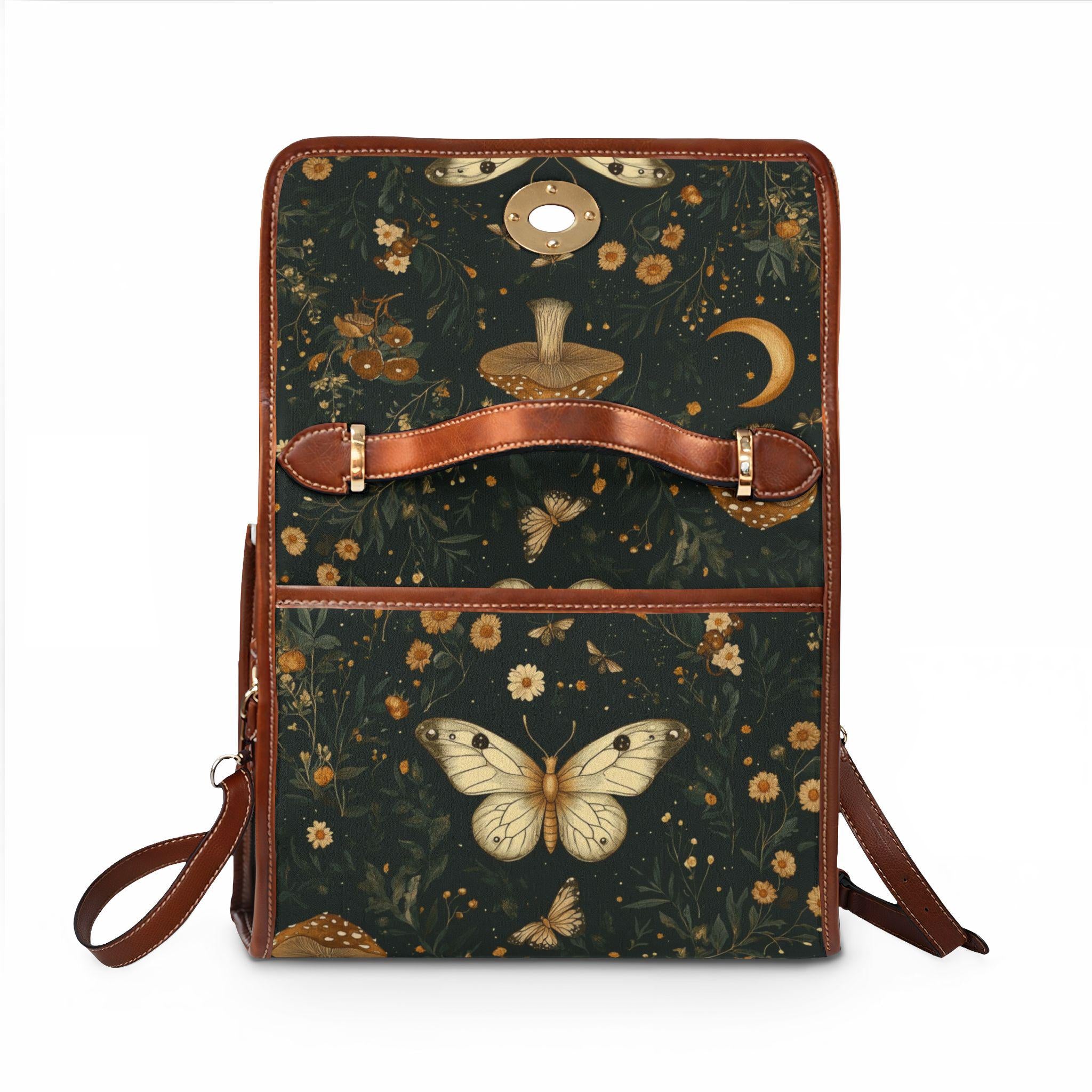Vintage Moth Mushroom Floral Waterproof Canvas Bag | Dark Botanical Print