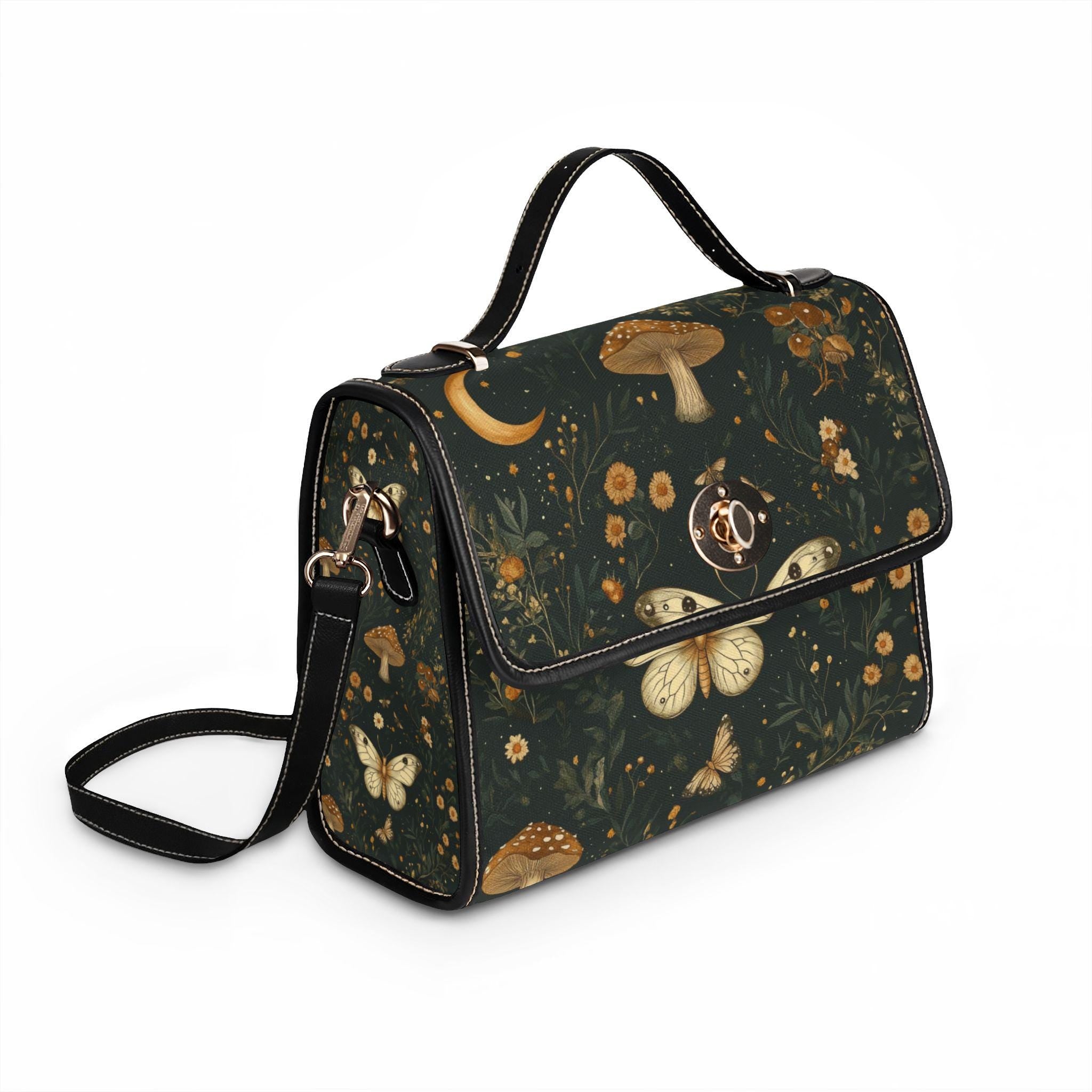 Vintage Moth Mushroom Floral Waterproof Canvas Bag | Dark Botanical Print