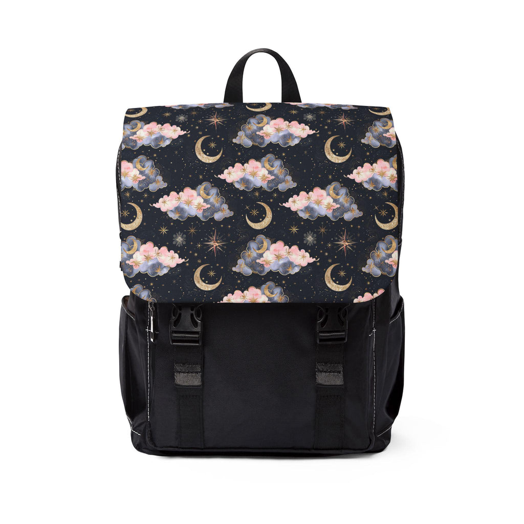 Backpack with celestial pattern featuring clouds, moons, and stars on a dark blue background.