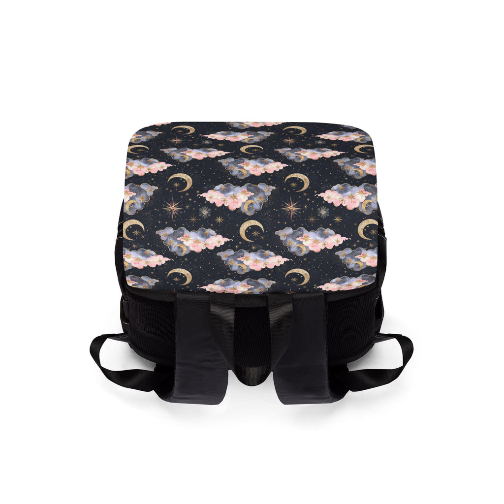 Backpack with celestial moon stars clouds pattern on a white background