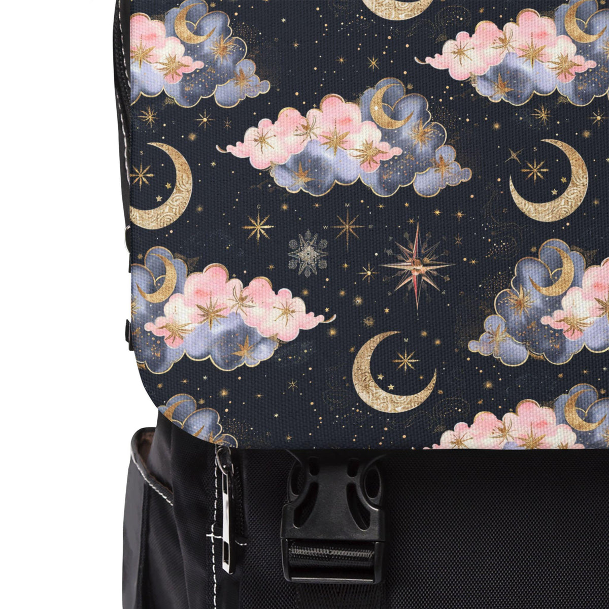 Black bag with celestial pattern featuring clouds, moons, and stars on a white background