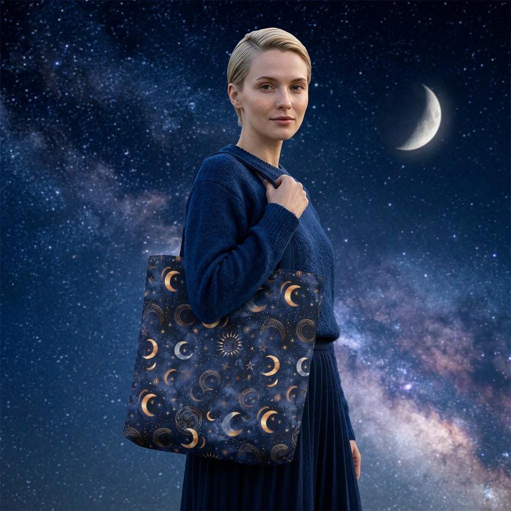 Celestial Moon Phase  Tote | Navy Starry Sky Bag