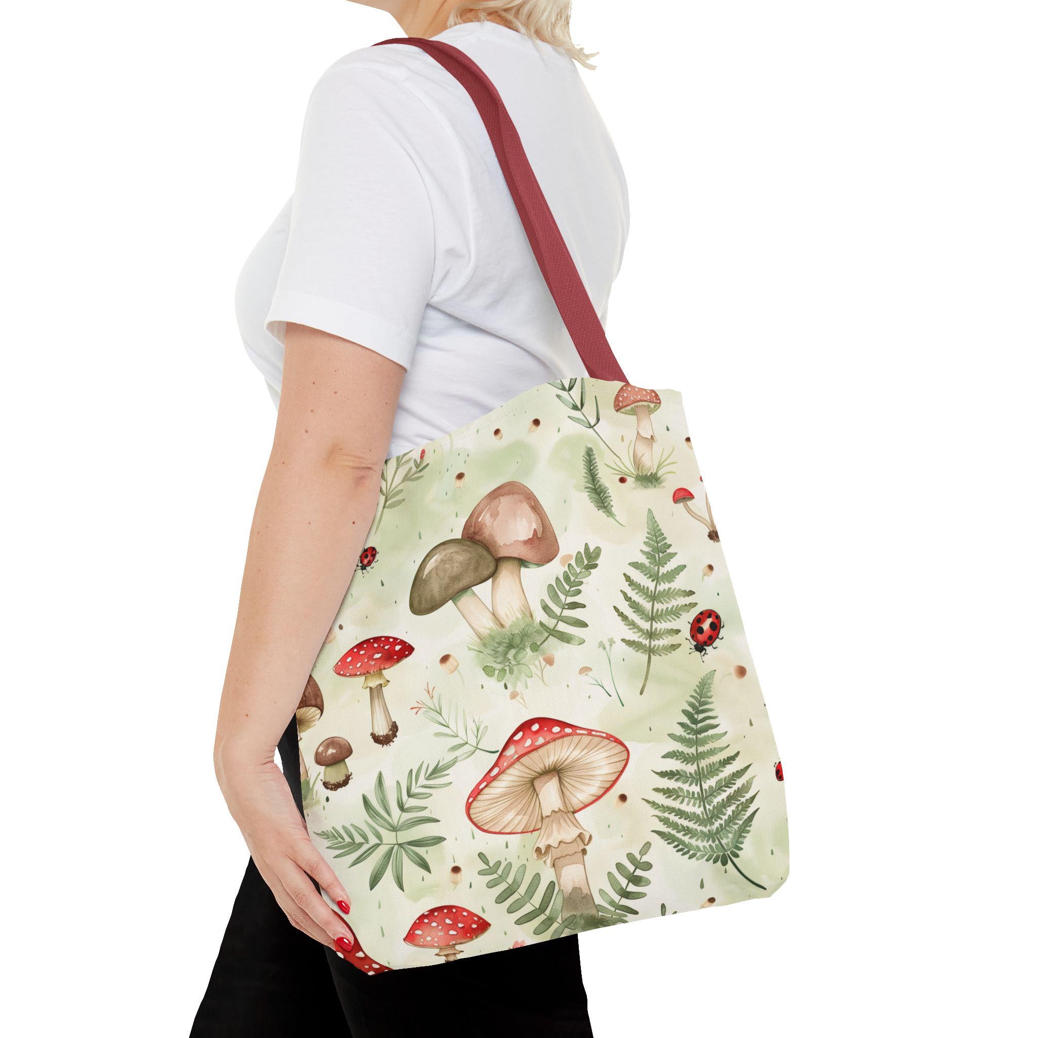 Watercolor Mushroom Pattern Tote Bag | Ferns, Ladybugs, Botanical Print