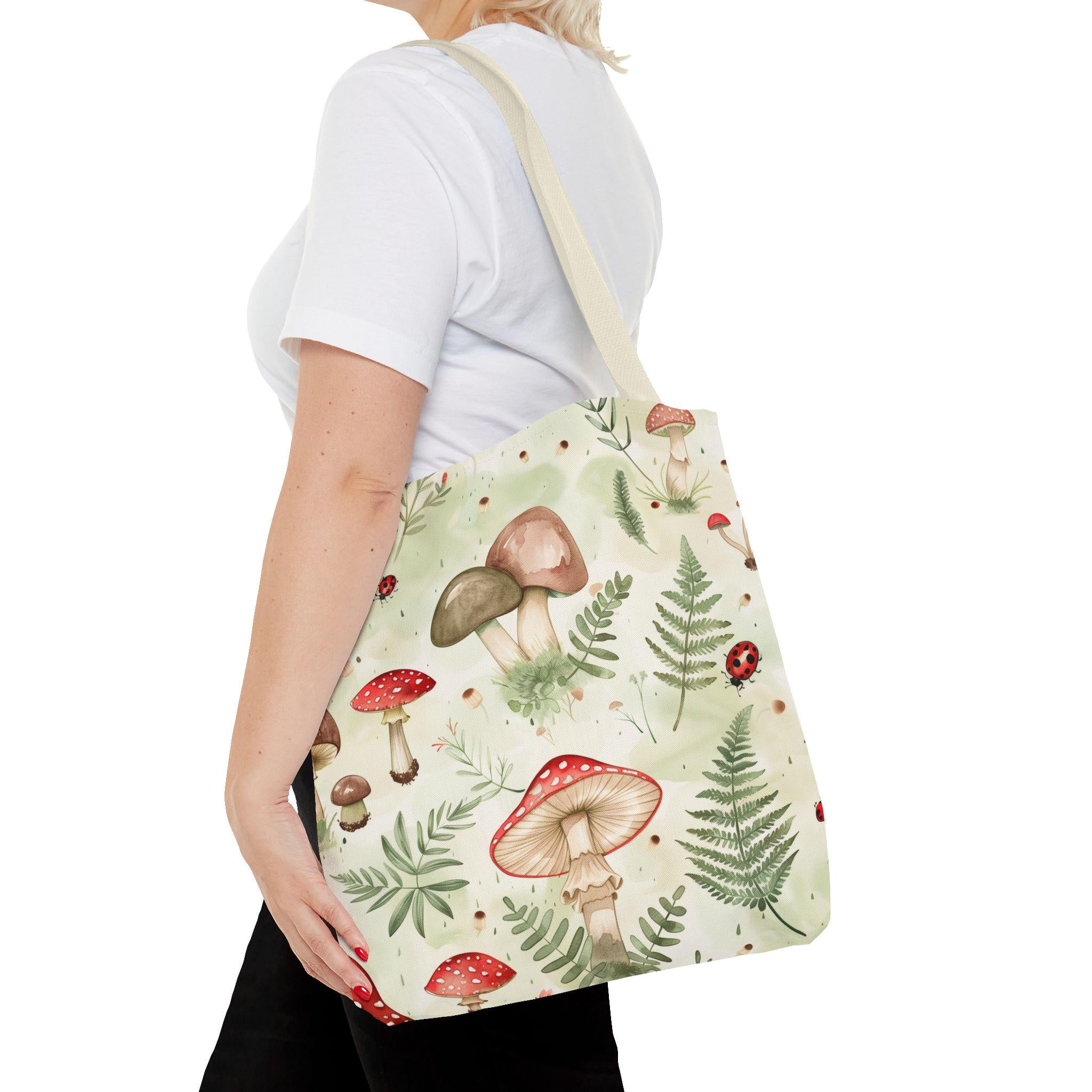 Watercolor Mushroom Pattern Tote Bag | Ferns, Ladybugs, Botanical Print