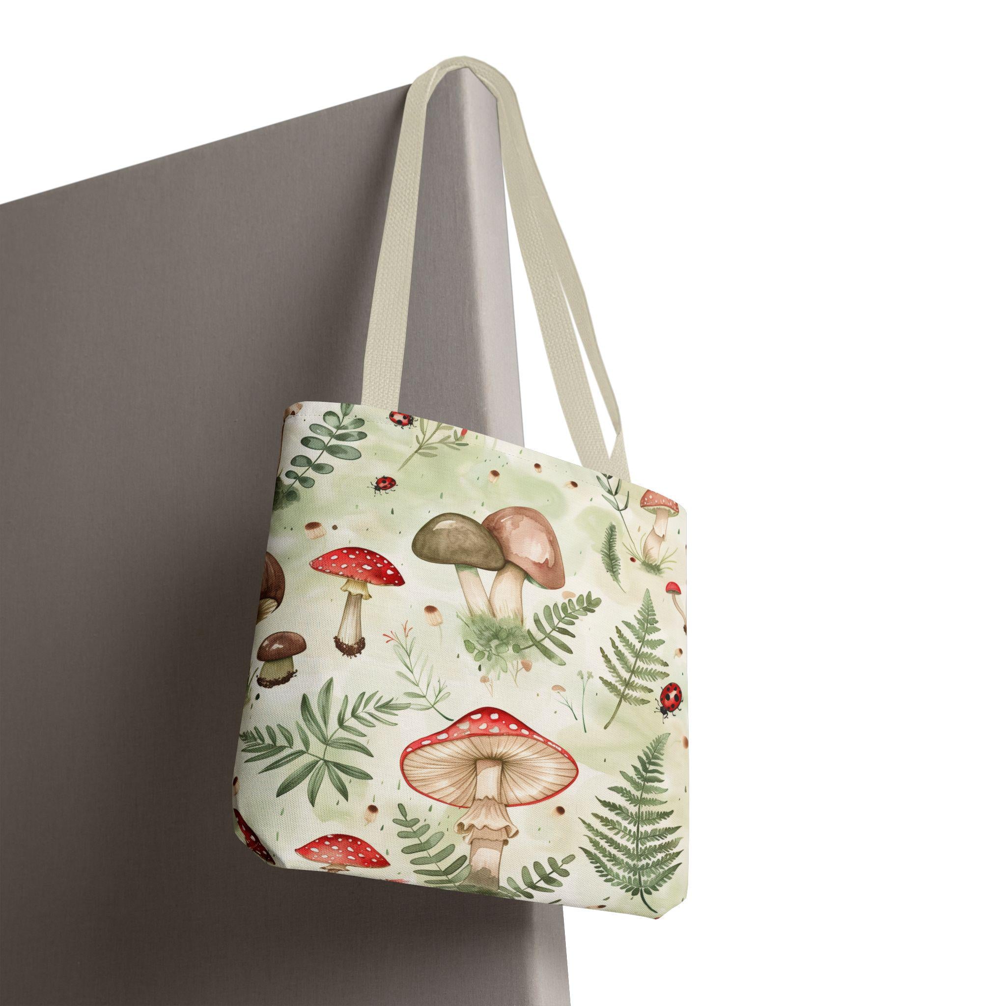 Watercolor Mushroom Pattern Tote Bag | Ferns, Ladybugs, Botanical Print