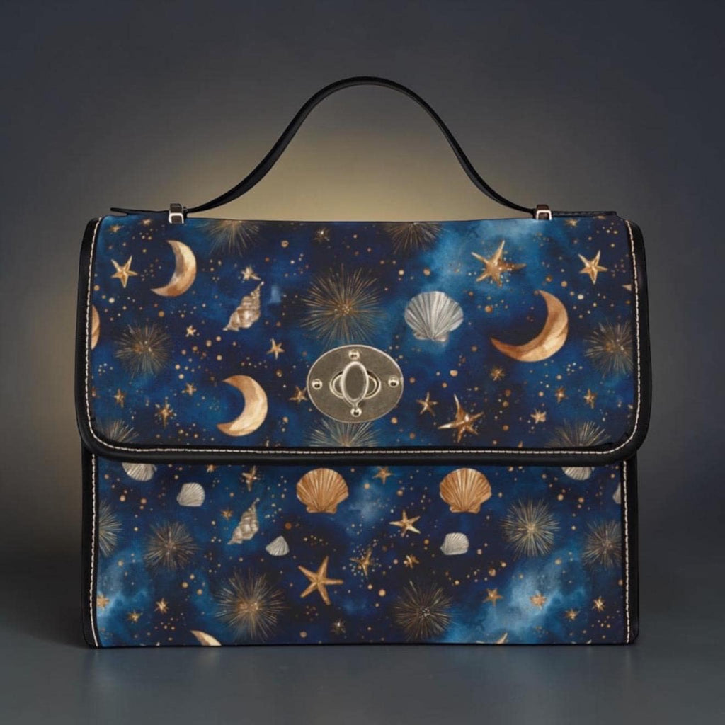 Celestial Seashell Waterproof Canvas Bag | Boho Moon Star Crossbody | Beach Bag Gift for Her