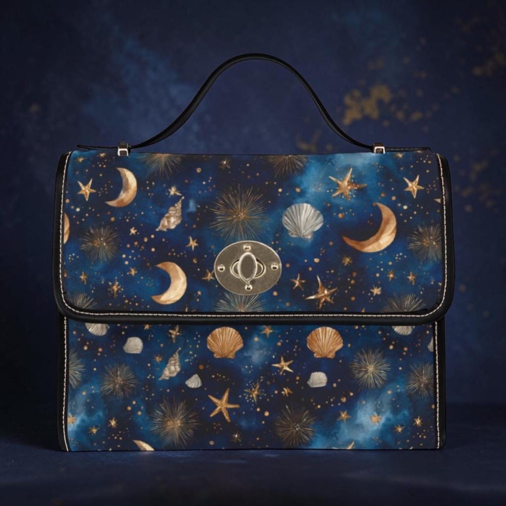 Celestial Seashell Waterproof Canvas Bag | Boho Moon Star Crossbody | Beach Bag Gift for Her
