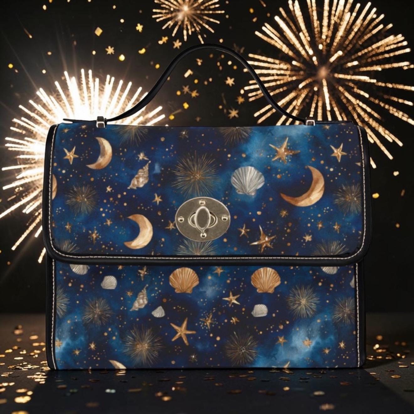 Celestial Seashell Waterproof Canvas Bag | Boho Moon Star Crossbody | Beach Bag Gift for Her