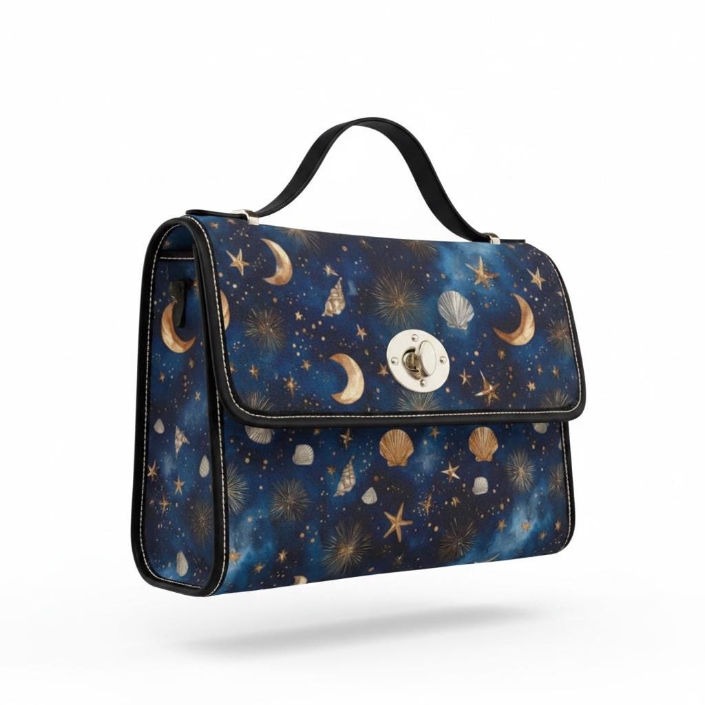 Celestial Seashell Waterproof Canvas Bag | Boho Moon Star Crossbody | Beach Bag Gift for Her