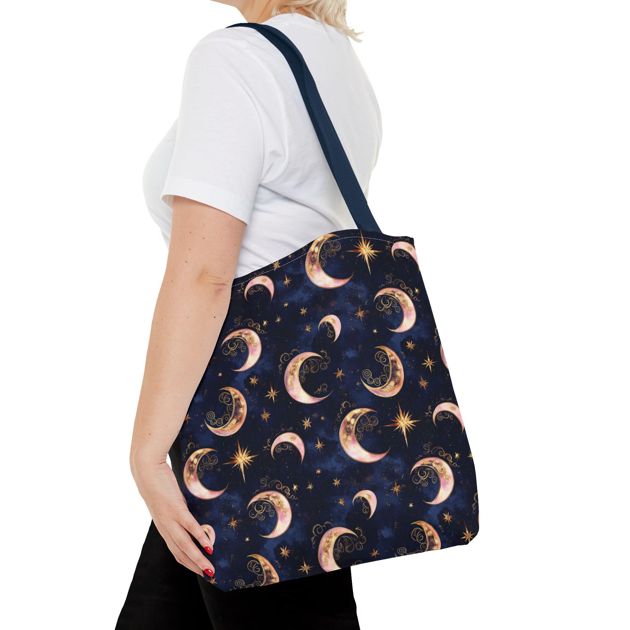 Celestial Moon Pattern Tote | Crescent Moons Stars Night Sky