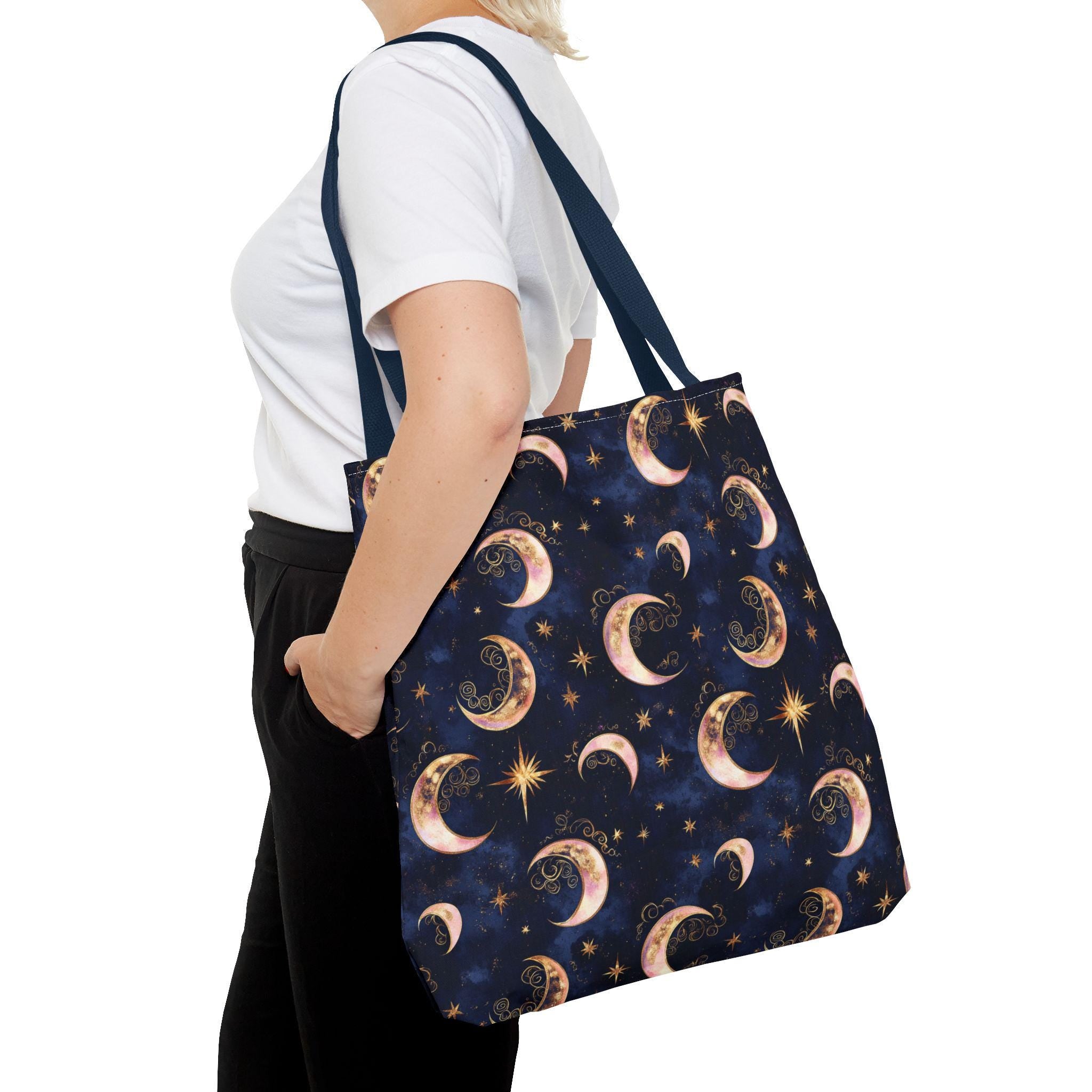 Celestial Moon Pattern Tote | Crescent Moons Stars Night Sky