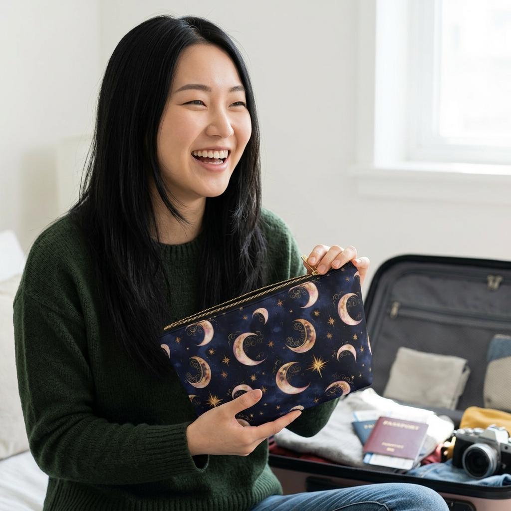 Moon Phase Pattern Accessory Pouch | Crescent Moon Stars Cosmetic Bag