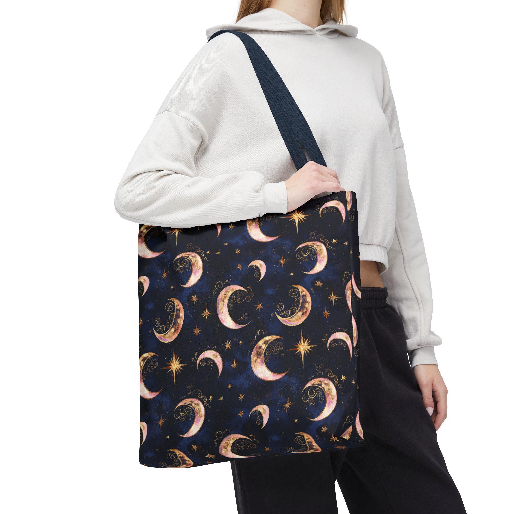 Celestial Moon Pattern Tote | Crescent Moons Stars Night Sky