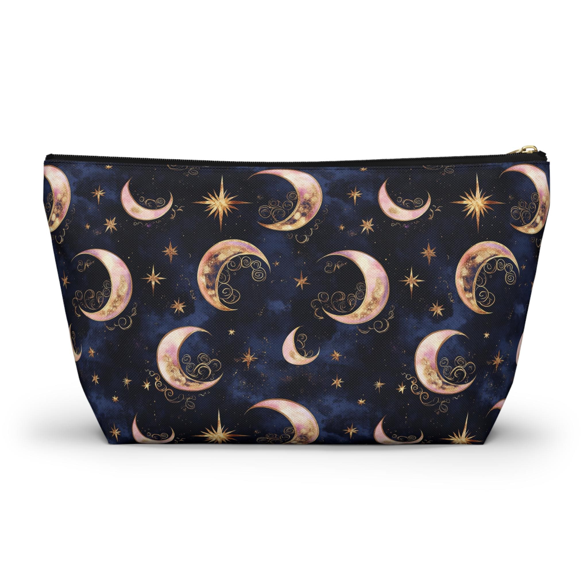 Moon Phase Pattern Accessory Pouch | Crescent Moon Stars Cosmetic Bag