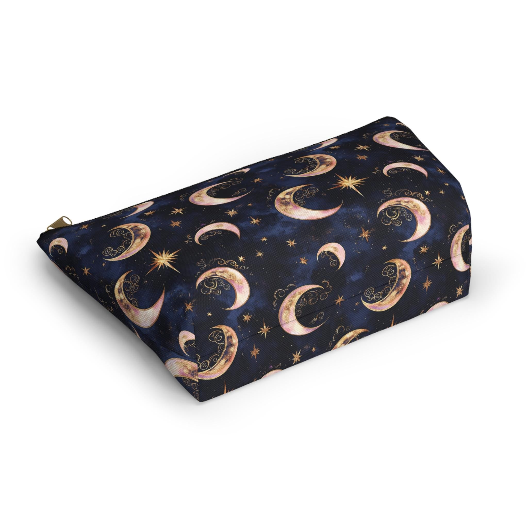 Moon Phase Pattern Accessory Pouch | Crescent Moon Stars Cosmetic Bag