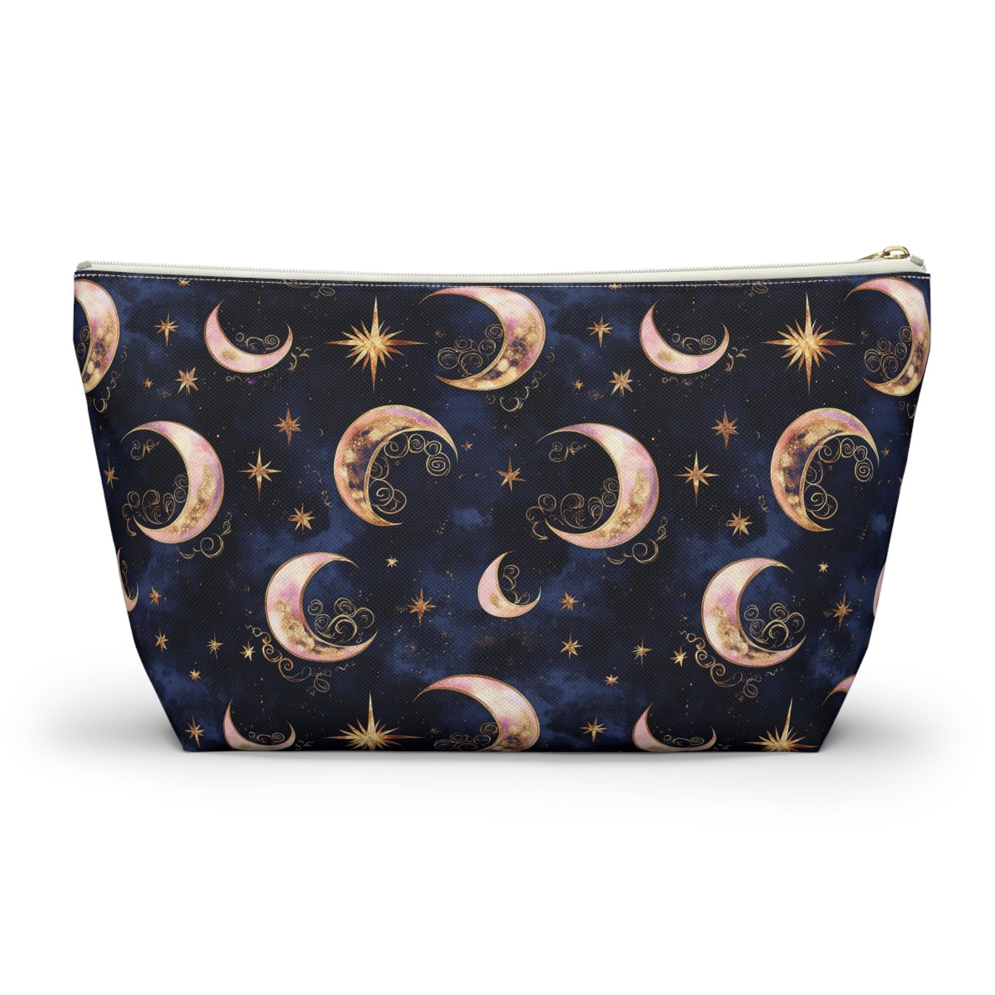 Moon Phase Pattern Accessory Pouch | Crescent Moon Stars Cosmetic Bag