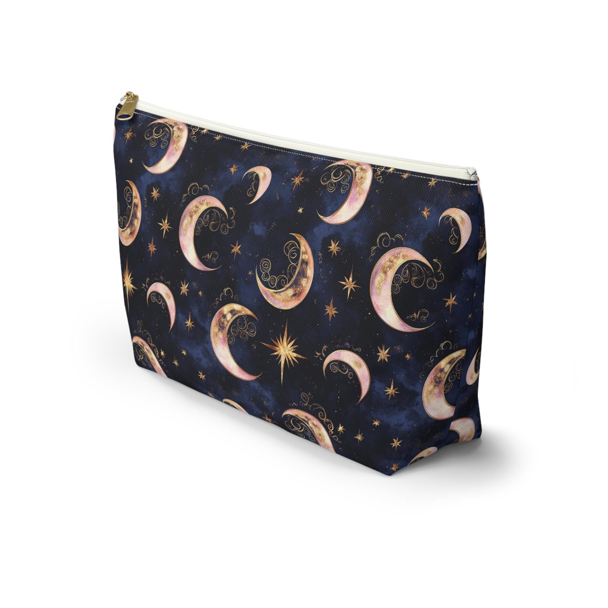 Moon Phase Pattern Accessory Pouch | Crescent Moon Stars Cosmetic Bag