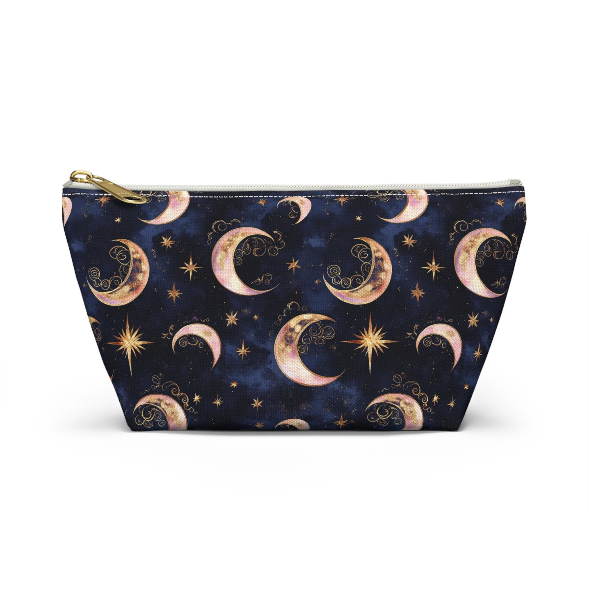 Moon Phase Pattern Accessory Pouch | Crescent Moon Stars Cosmetic Bag