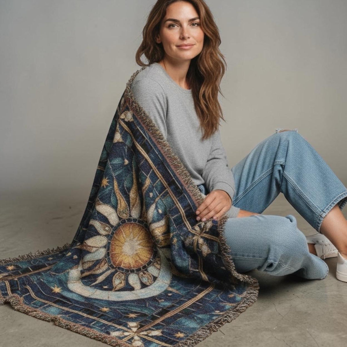 Sun and Moon Mosaic Woven Blanket | Celestial Tapestry Throw