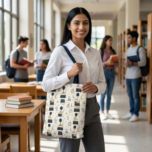 Woman holding a patterned tote bag in a library setting