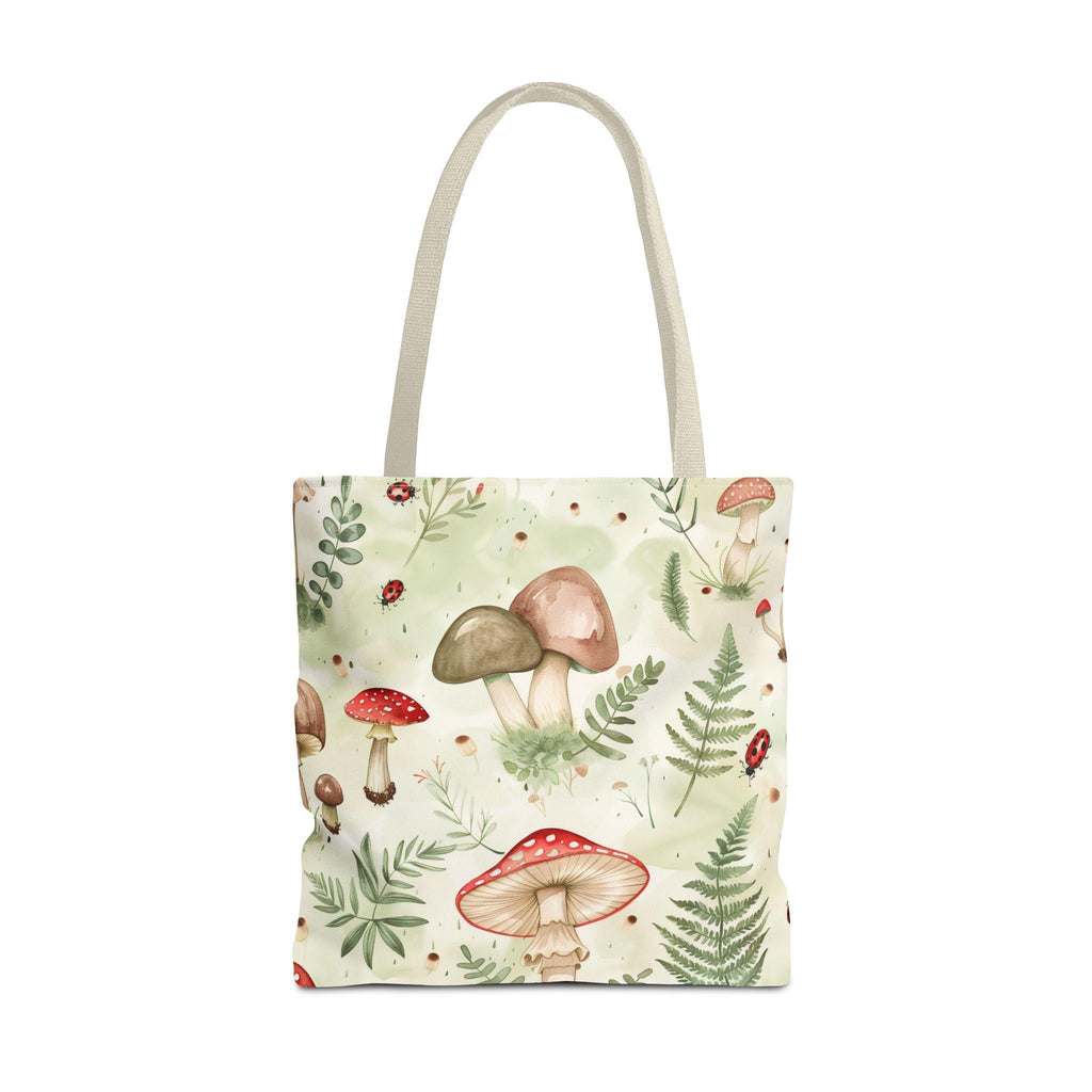 Watercolor Mushroom Pattern Tote Bag | Ferns, Ladybugs, Botanical Print