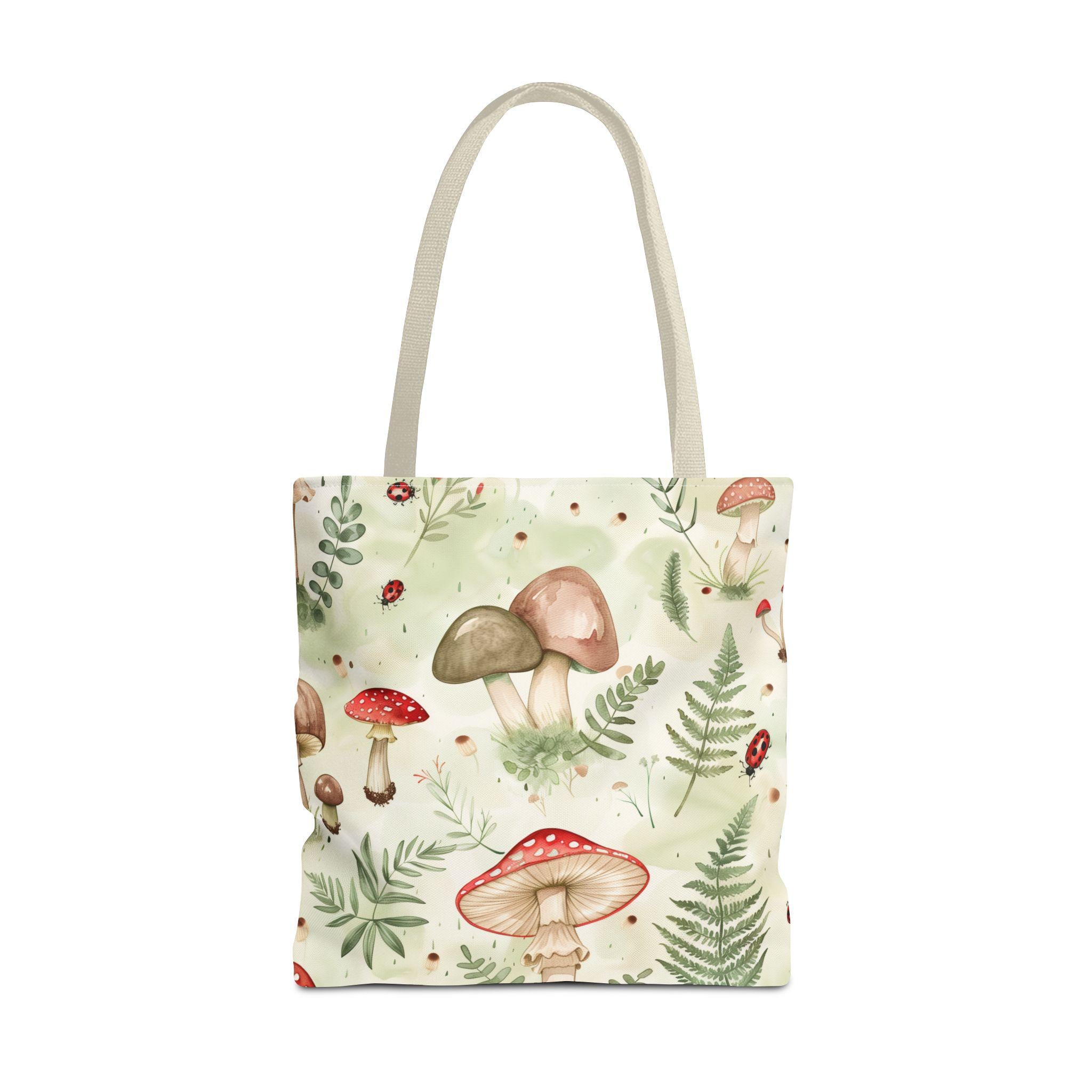 Watercolor Mushroom Pattern Tote Bag | Ferns, Ladybugs, Botanical Print